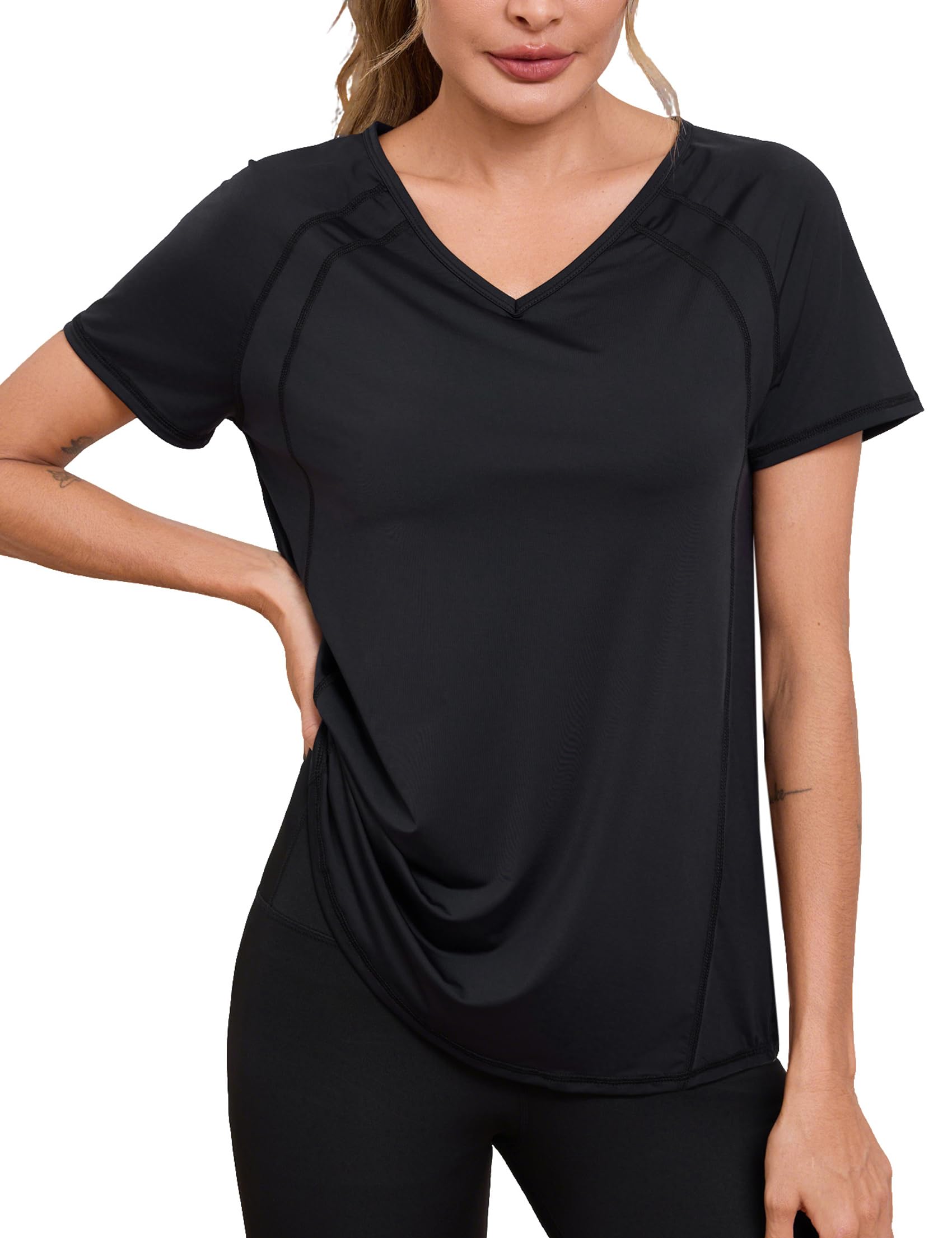 Camiseta Deportiva Manga Corta Mujer Camisetas Deporte Cuello en V Fitness Yoga Top Transpirable y Secado Rápido Ropa Entrenamiento Atlético S-3XL