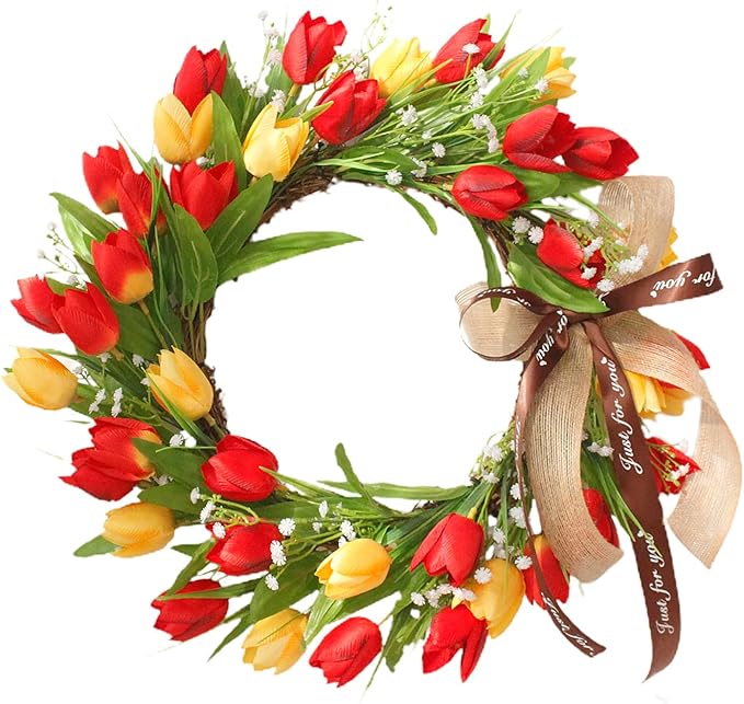STOYRB Artificial Tulip Wreath 17.7 Inch Silk Red Yellow