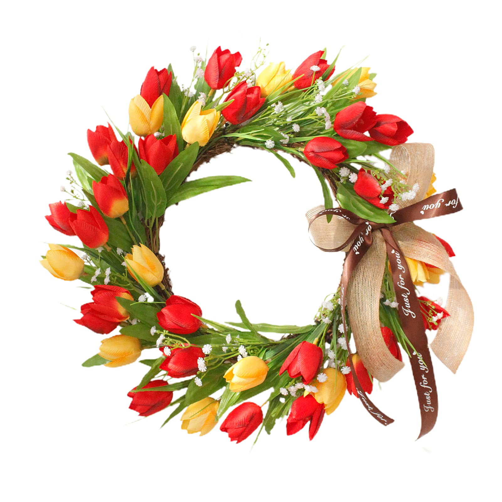 Künstlicher Blumenkranz, Bunter Tulpen Türkranz 45 cm für | Aus Rattan und Seidentuch, Lebendige Tulpenform, Verwelkt Nie, Ideal Als Deko
