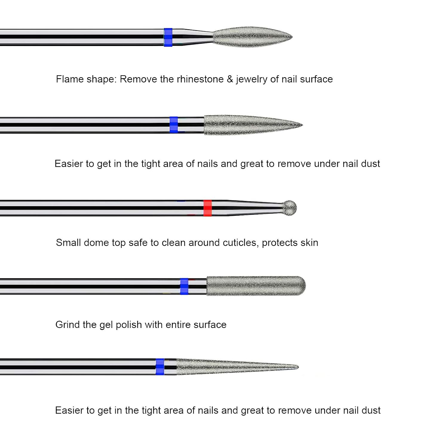 GreenLife 10pcs Nail Drill Bits Kit Diamond heads Set Alloy steel Cuticle 3/32" shank Nail Drill machine Bits Set, Professional E-files e files for Acrylic uv led Gel Pedicure Manicure Nail Cuticle