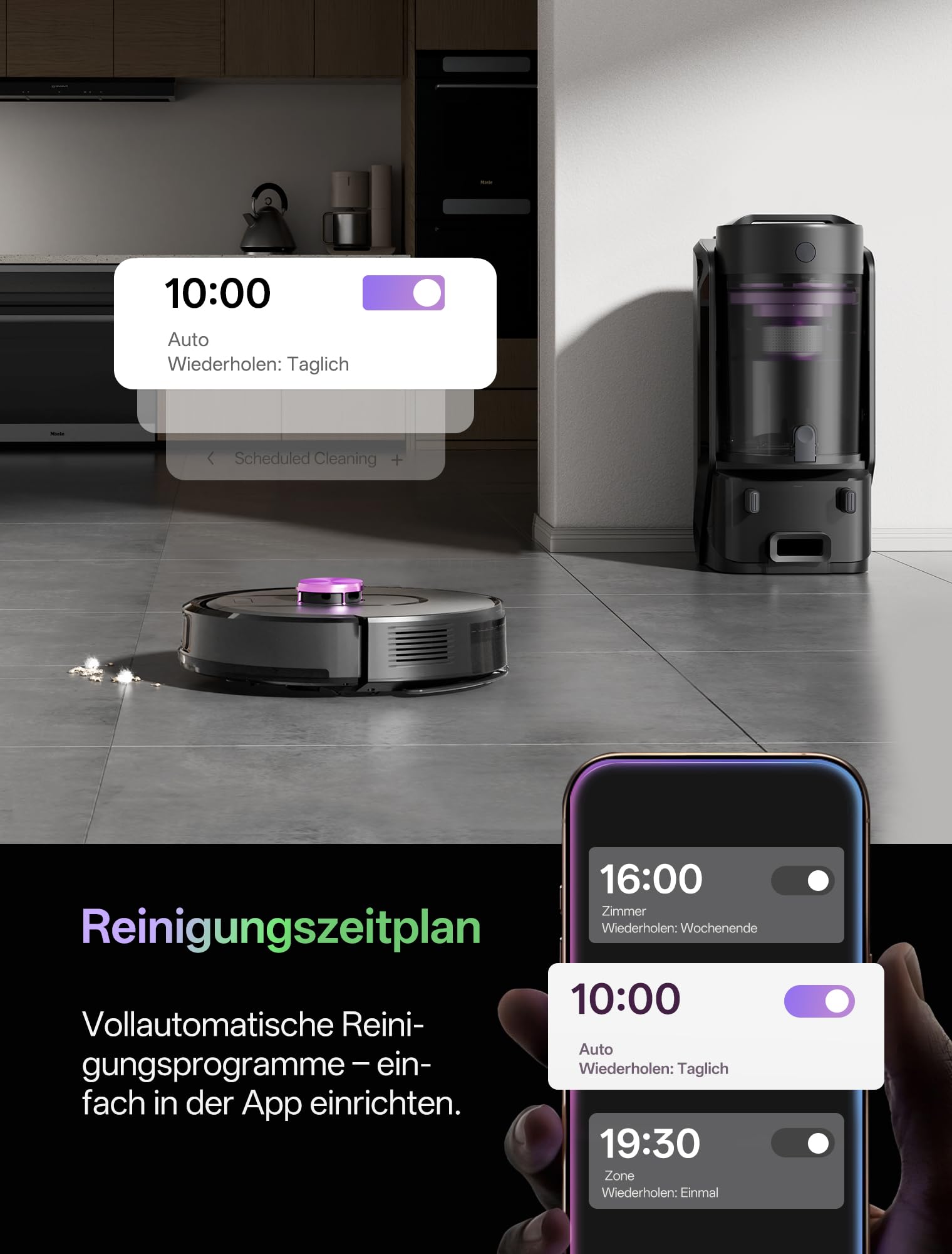 Vexilar Saugroboter mit Wischfunktion, beutelloser Multi-Zyklon Saugroboter mit Absaugstation, 10.000Pa & 200 Min Staubsauger Roboter, 3-in-1 Saug und Wischroboter für Tierhaare & Teppich (Schwarz)