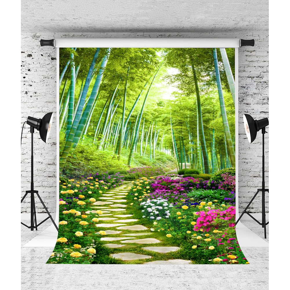 VIDMOT Bamboo Forest Background 5x7ft Spring Flower Garden Background for Portrait Artistic Photo Shooting Natural Park Country Nature Stone Path Backdrop Photography Studio Set Props BJXPVV705