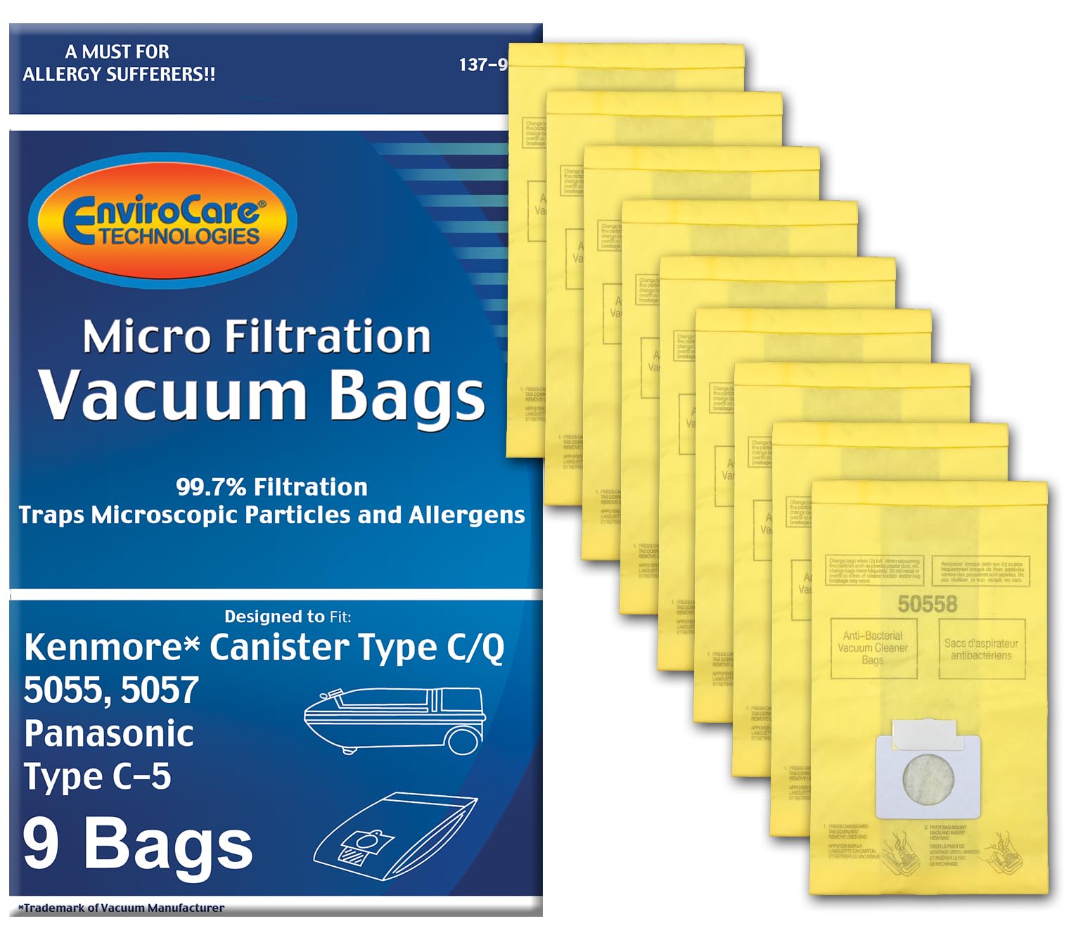 Envirocare Premium Replacement Multi-layer Micro Filtration Vacuum Bags Compatible with Kenmore Canister Vacuums Type C/Q. 5055, 50557 and 50558 Panasonic Type C-5, 9 pack