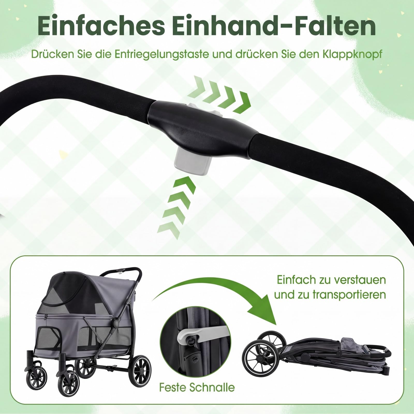COSTWAY Hundewagen klappbar, Hundebuggy bis 40 kg, Katzenwagen mit 4 Rädern, Haustierwagen mit verstellbarem Dach, Netzfenstern & 3 Taschen, Haustierbuggy Grau, für große Katzen Hunde