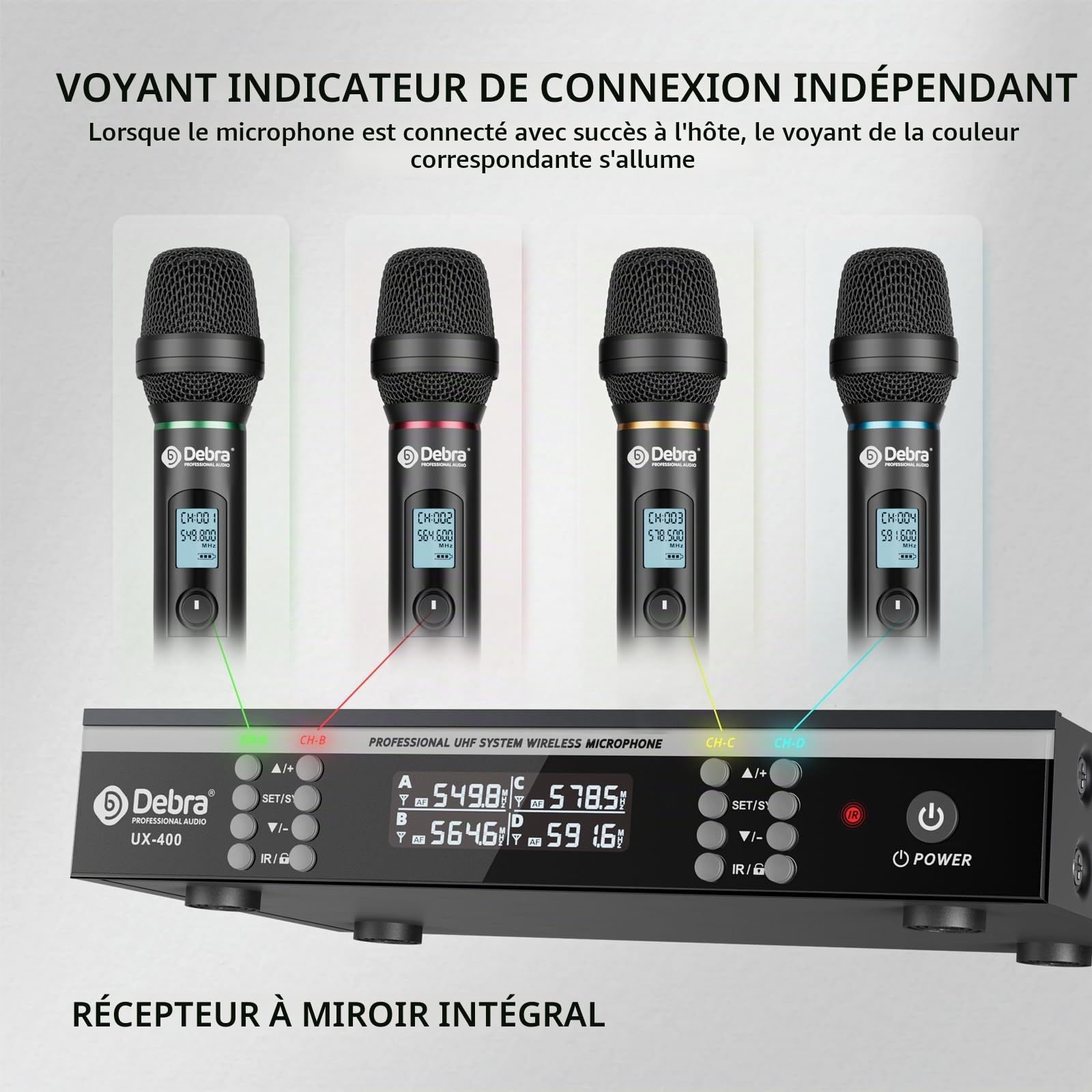 D Debra UX-400 Micros sans Fil UHF, 4 Canaux Rechargeables Scène Karaoké