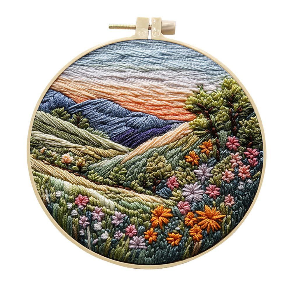 Eforcase Embroidery Starter Kit for Adult Beginner with Landscape Tree Mountain River Floral Nature Scenery Pattern Cross Stitch Hand Embroidery Set DIY Cross Stitch Kits with Hoops Needles Threads