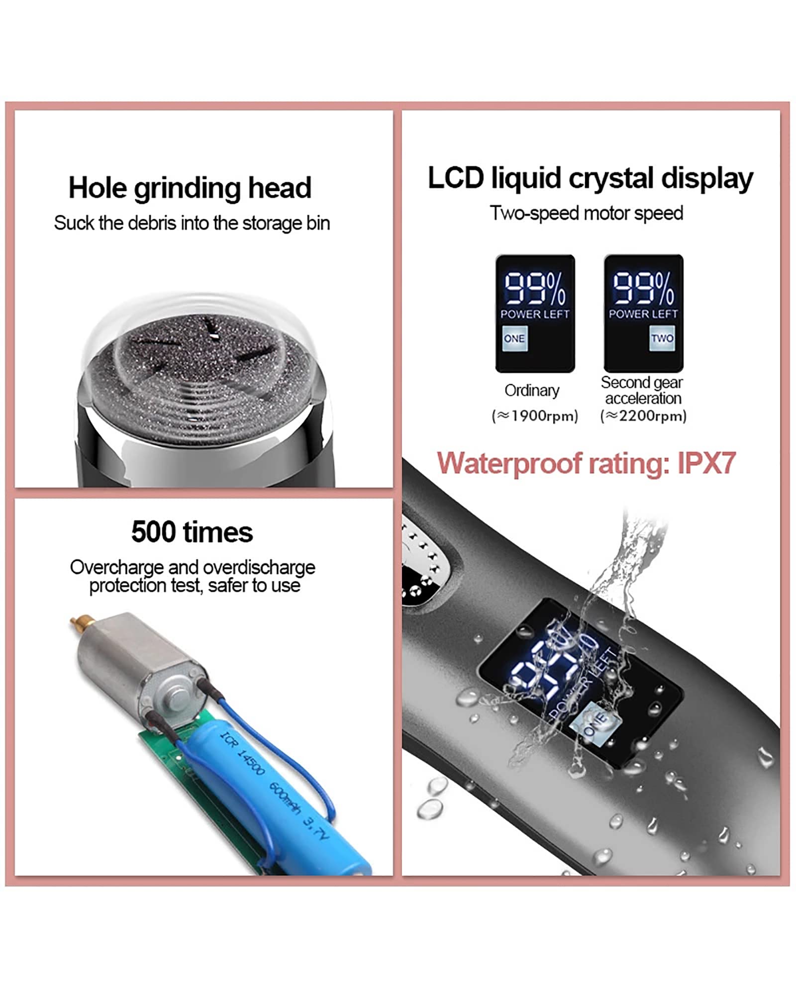 Lima de pie eléctrica portátil con Pantalla Digital LCD y removedor de Callos Herramienta USB para el Cuidado de los pies al vacío con 3 Cabezales de Rodillos y 2 velocidades, Blanco (Negro