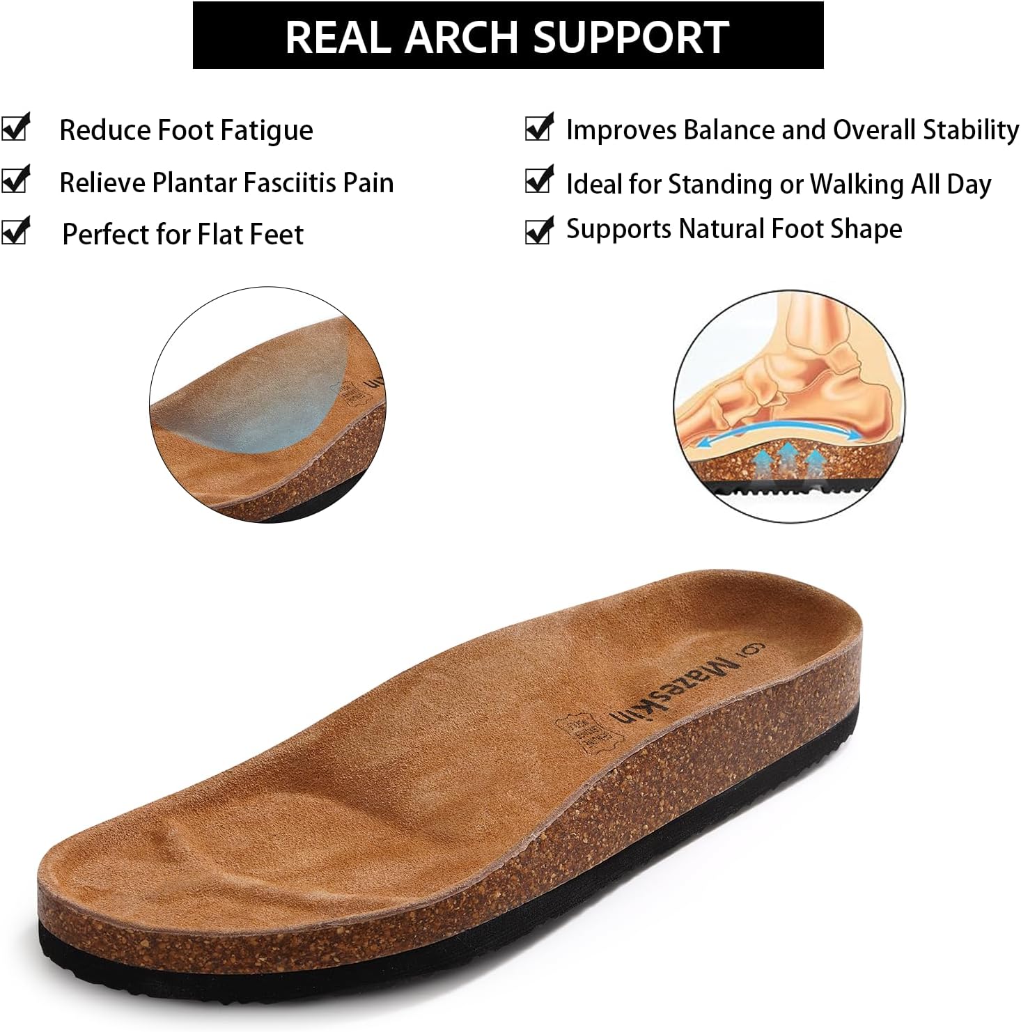 mazeskin Women's Genuine Leather Orthopedic Slide Sandals with Arch Support, Double Strap Summer Shoes with Adjustable Buckle and Comfortable Orthotic Footbed - Image 3