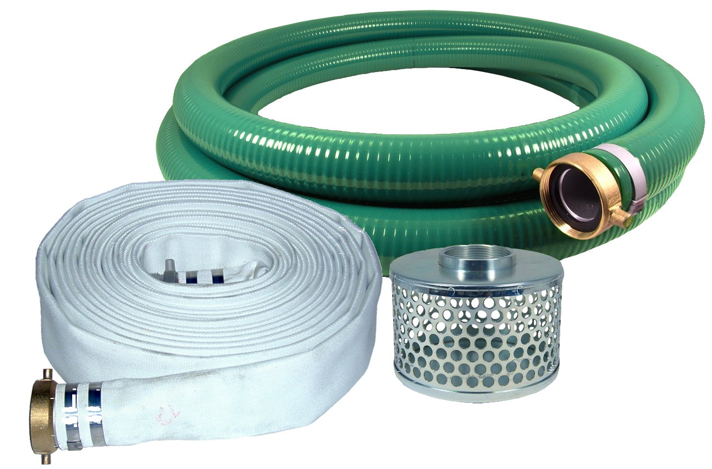 JGB Enterprises A007-AMMILLHOSEKIT -2WS 2" Pump Hose Kit - Water Shanks, 2" x 20' Eagle Pump Coupled MxF WS Banded, 2" x 50' Mill Hose coupled MxF Banded, 2" Round Hole Strainer