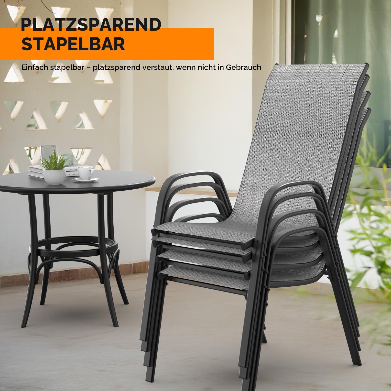 Bonnlo Stapelbare Gartenstühle 2er Set, Outdoor-Essstühle, Wetterfeste Stapelstühle mit Atmungsaktivem Textilene, Robustes Metallgestell, für Balkon, Terrasse & Garten, bis 180 kg, Grau