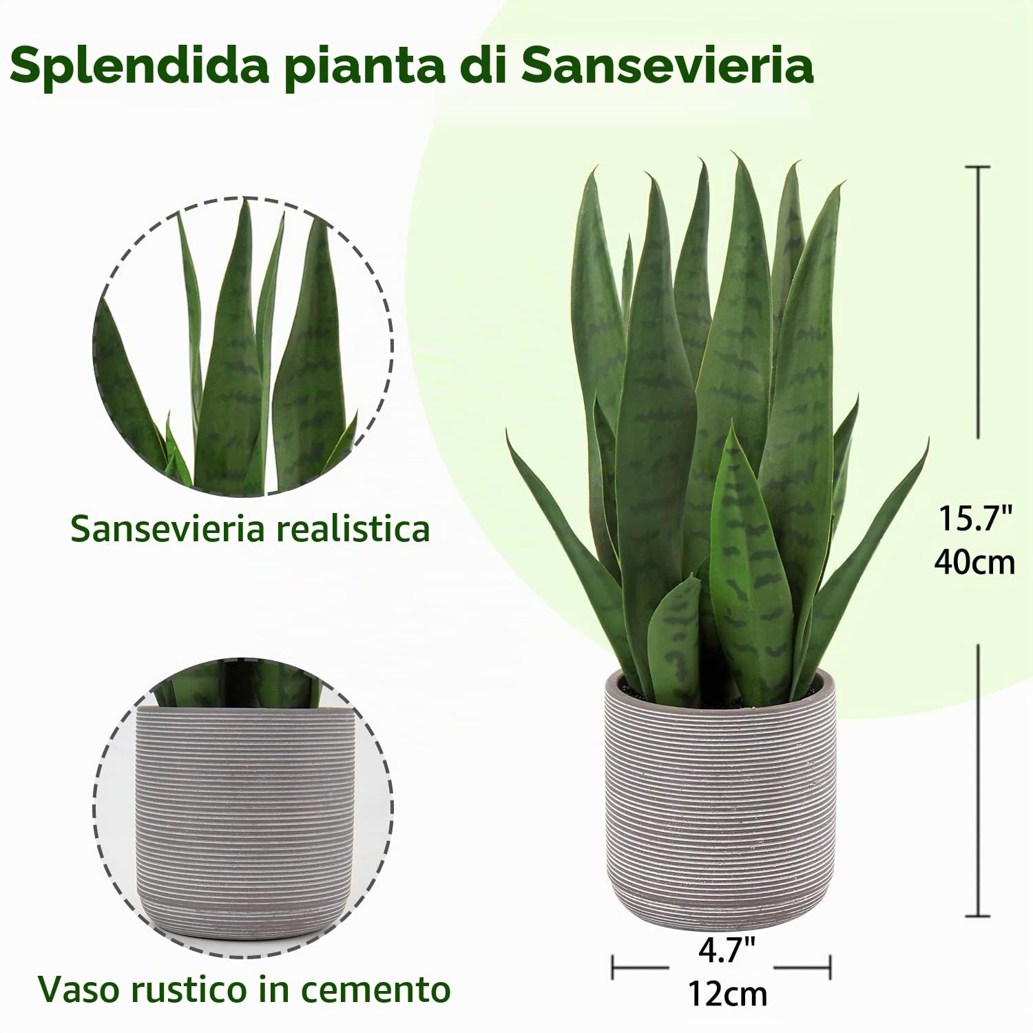 Briful - Pianta artificiale Sansevieria, altezza 40 cm, in vaso di cemento | Pianta artificiale Sansevieria da interni in vaso, 40 cm, per bagno, camera da letto, casa, ufficio, decorazione da tavolo