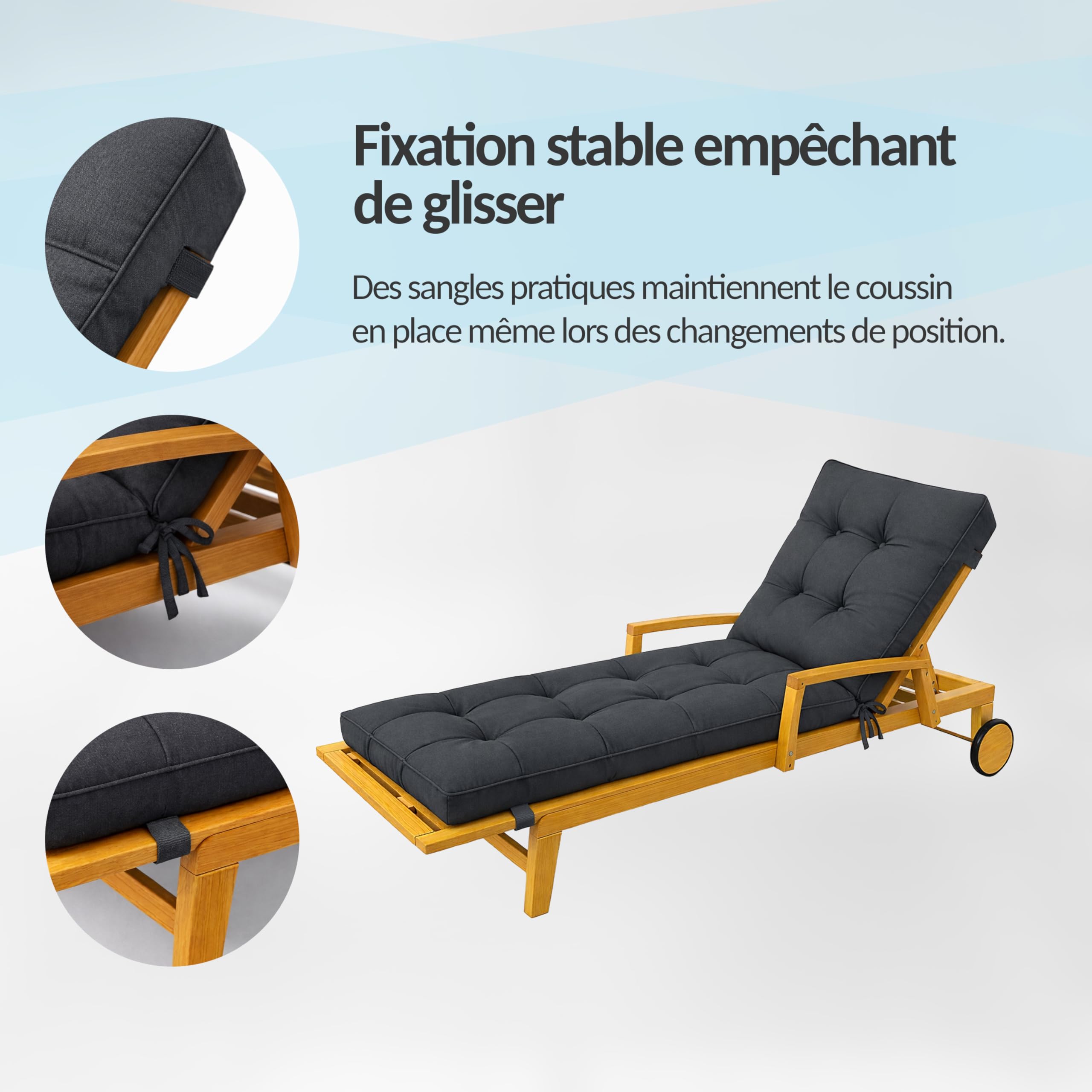 POKAR Coussin Bain de Soleil 200x60x13 cm | Imperméable et Déperlant | Matelas Transat Finition Matelassée | Coussin pour Chaise Longue de Jardin | Épaisseur 13 cm | Oeko-TEX | Made in EU | Gris