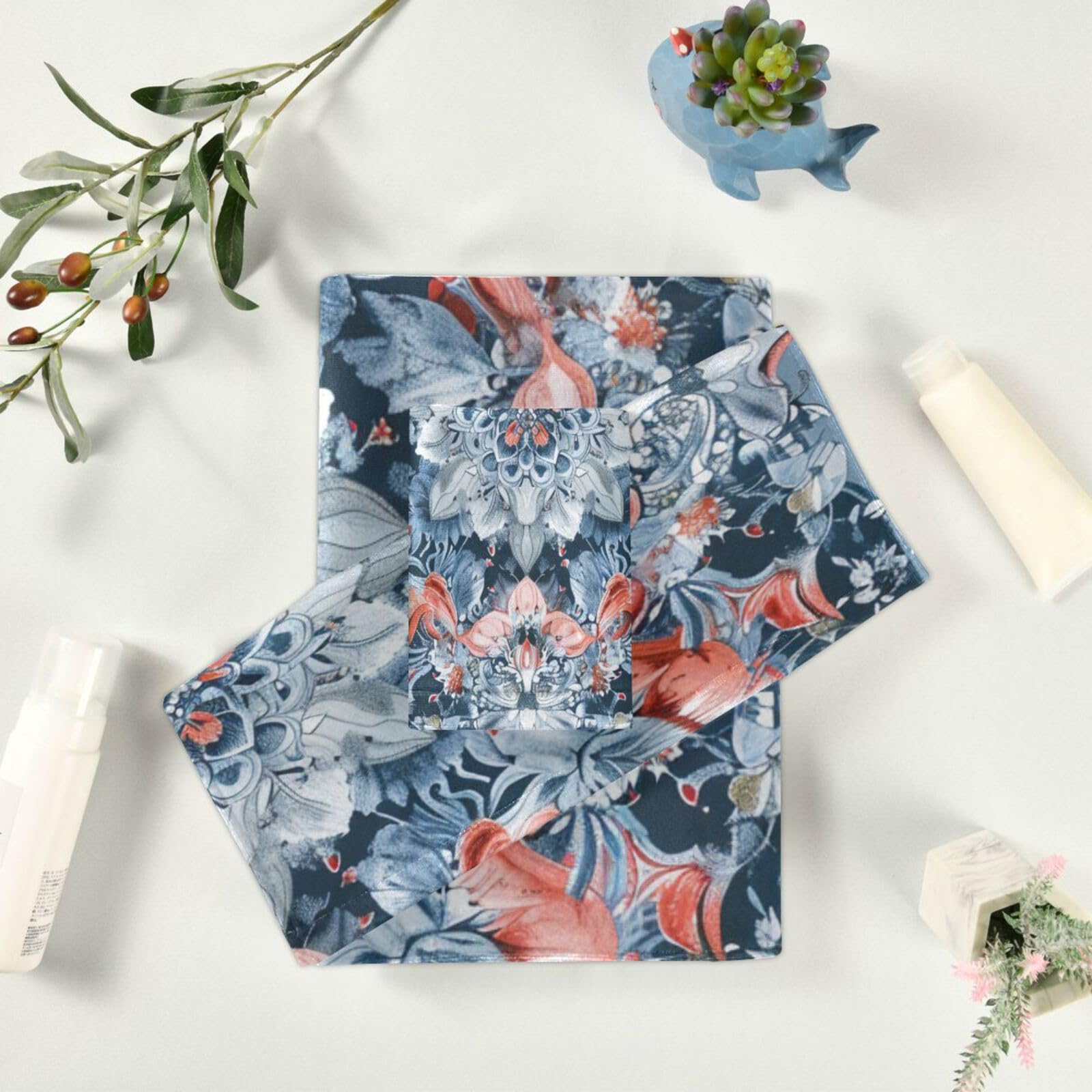 Set di 3 asciugamani decorativi per il viso in stile bohémien, motivo floreale, blu, 1 asciugamano da bagno, 1 asciugamano, 1 panno per la casa, cucina e famiglia