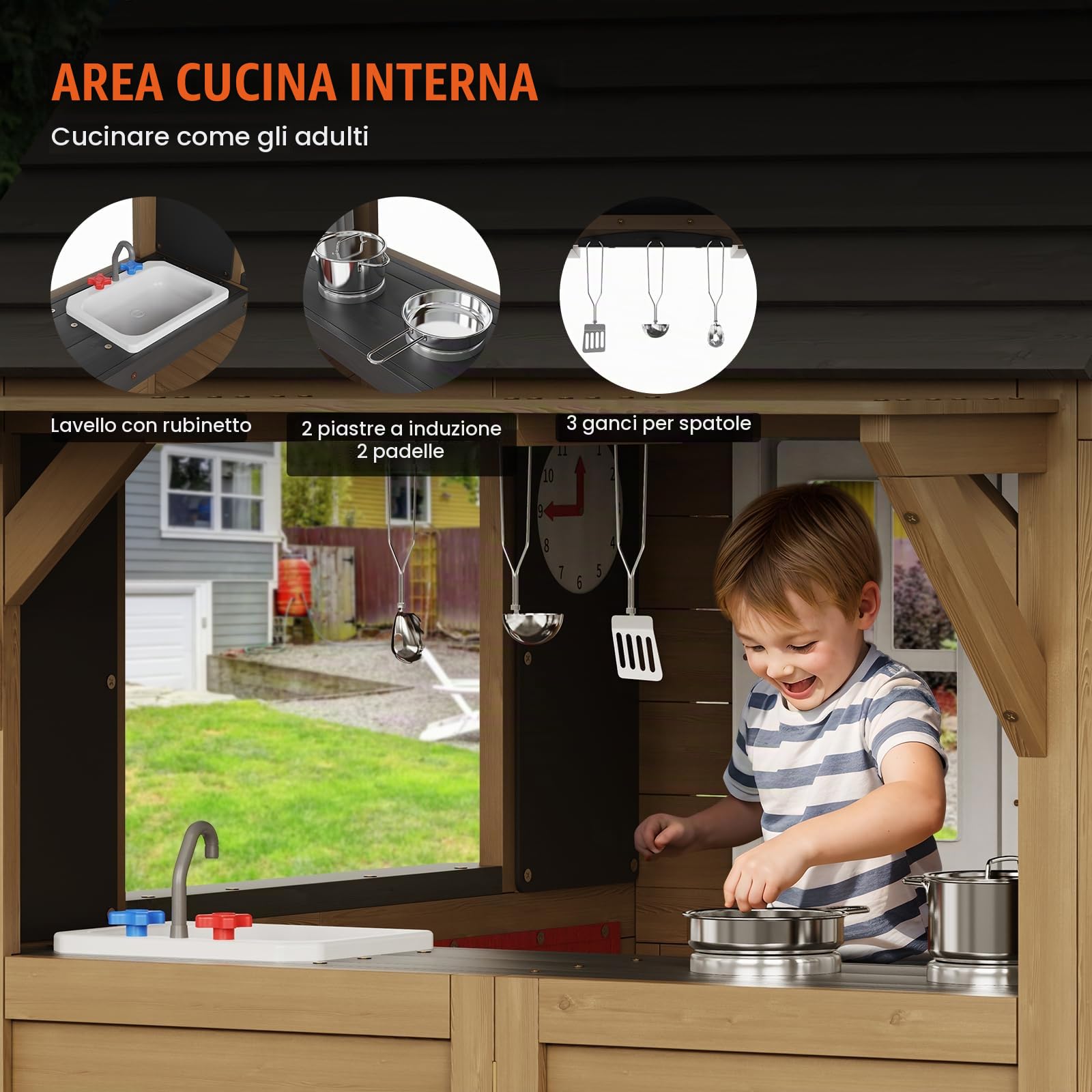 VEVOR Casetta da Gioco per Bambini da Esterno in Legno, Casetta da Giardino per Bambini, Casetta Gioco da Cortile con Porta, Finestra, Supporto per Vaso di Fiori, Griglia, Fornello e Lavello