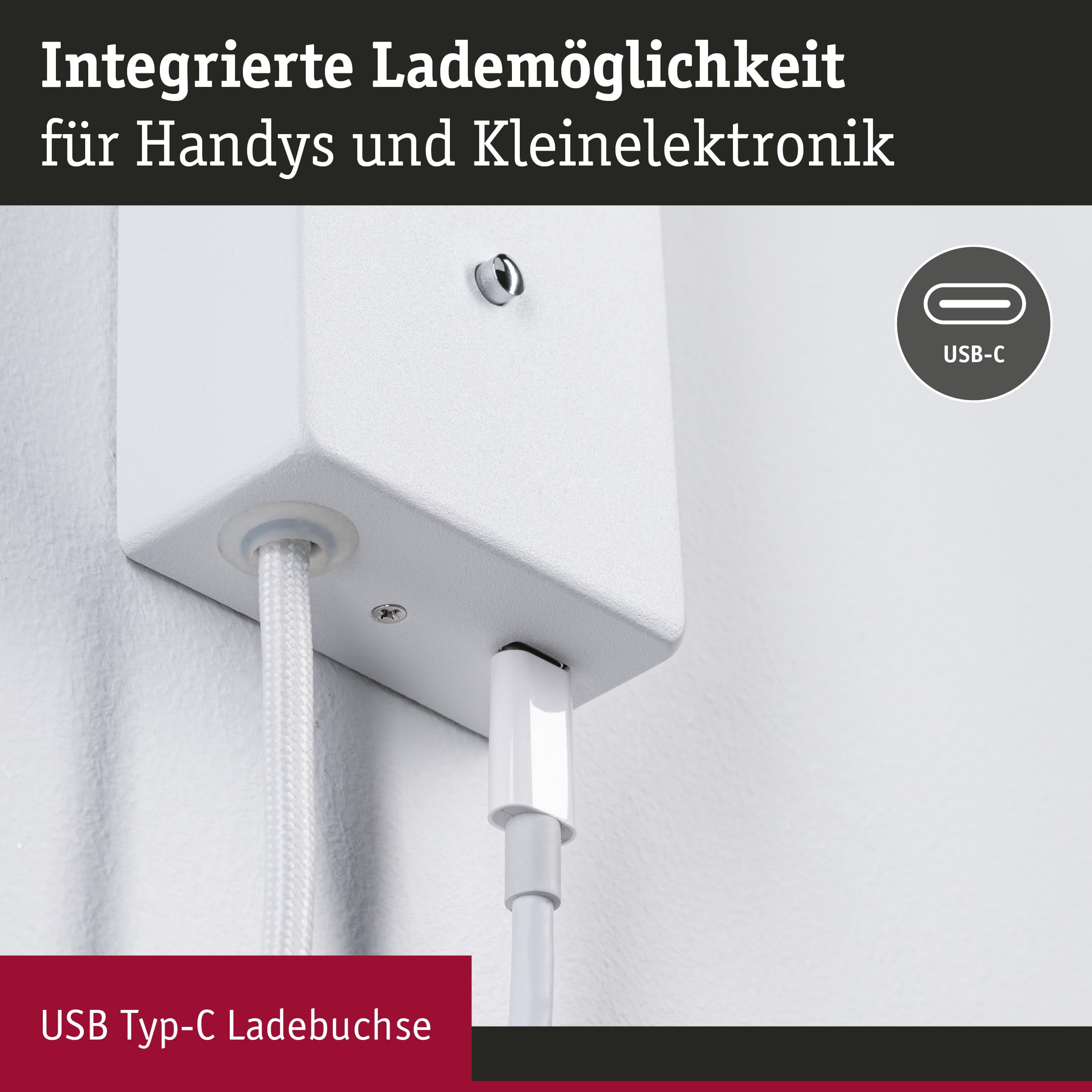Paulmann 71108 LED Wandleuchte Hulda USB C 3000K 130lm 230V 2,5W dimmbar Weiß matt Wandleselampe