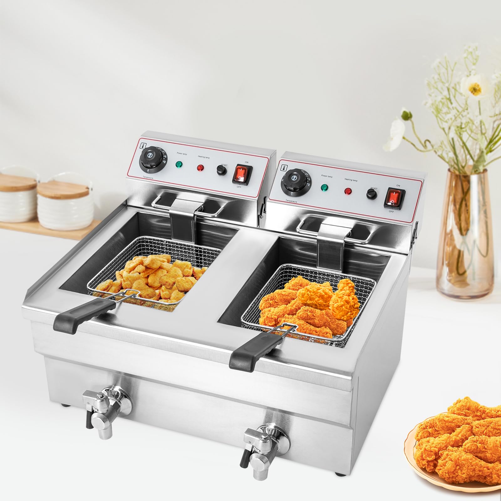 Double friteuse électrique 2 x 10 l en acier inoxydable 6000 W avec thermostat 60-200 °C, robinet de vidange, zone froide, protection contre la surchauffe, double friteuse pour restaurant