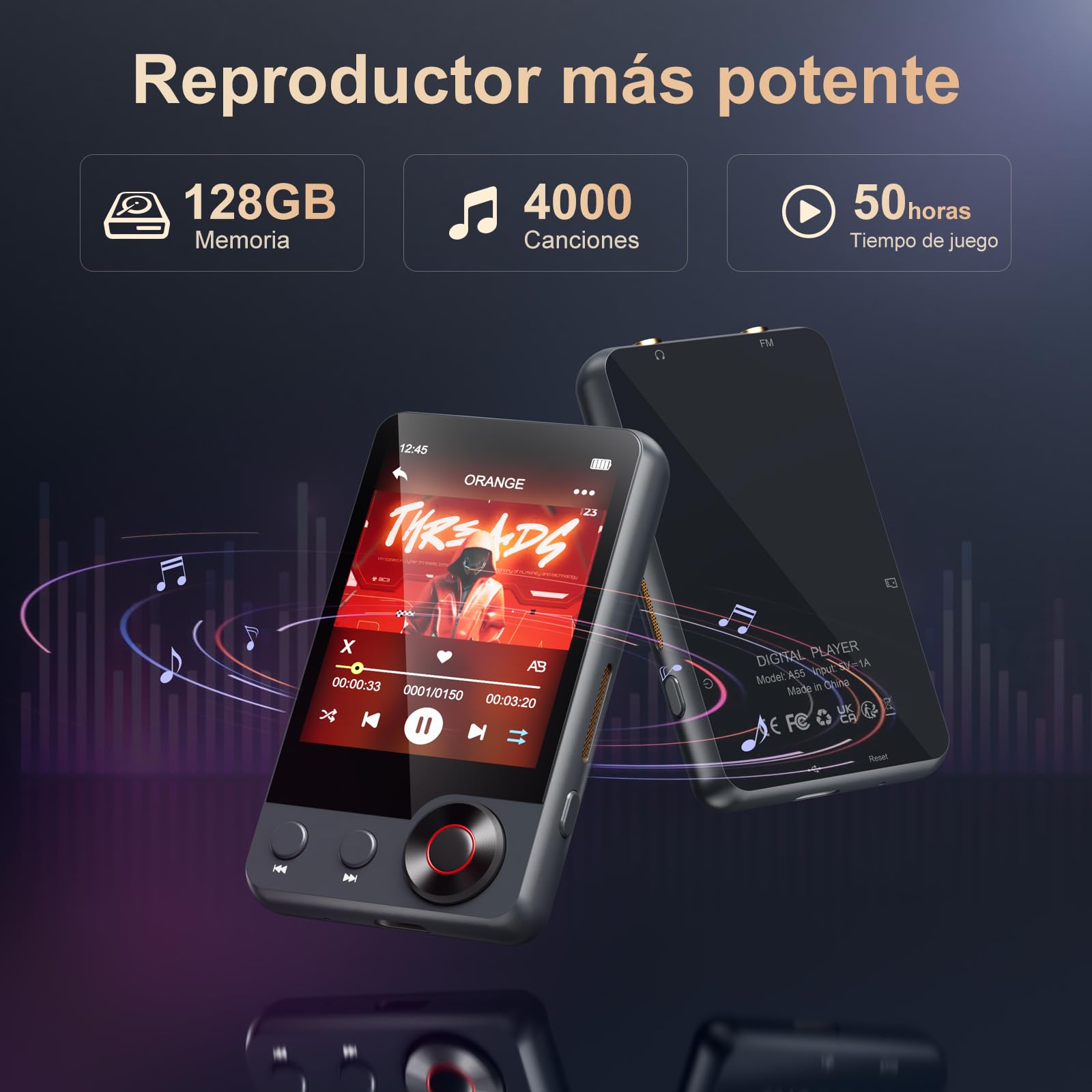 Reproductor MP3 de 128GB con Bluetooth 5.3, Reproductor de Música Portátil con 2,4'' con Altavoz, Reproductor MP3 con Radio FM, Grabación de Voz, Auriculares (Negro)
