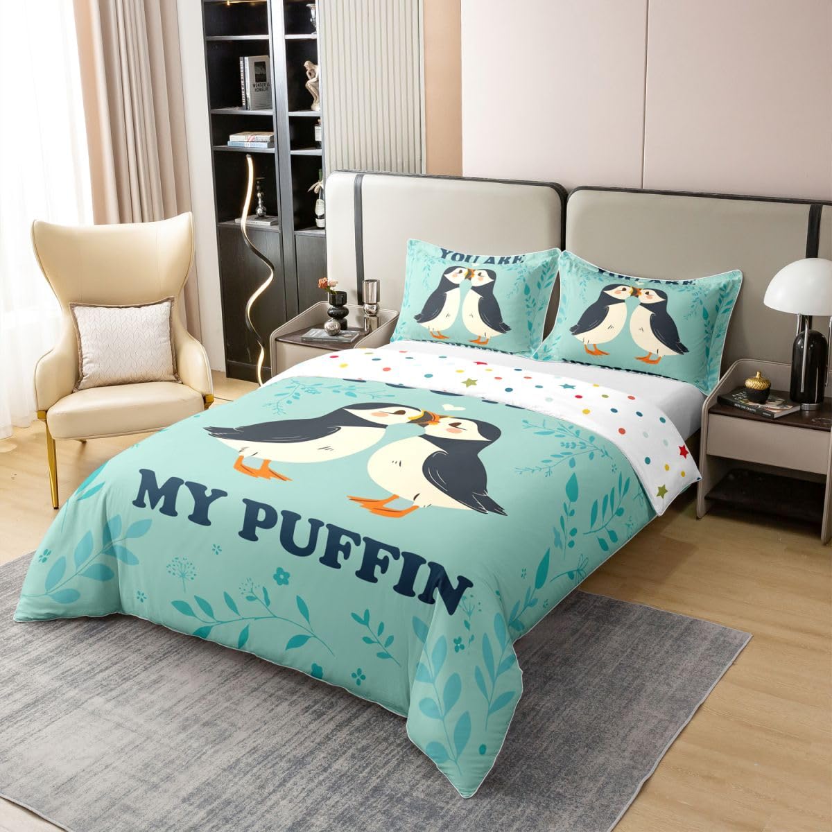 Homewish Pärchen Papageientaucher Baumwolle Bettwäsche 220x240 Frisch und Romantisch Mintgrün Bettbezug Cartoon Tiere Puffin Bird Bettwäsche Set Pflanzen Blätter Blumen Herz Dekor Bedding Raumdekor