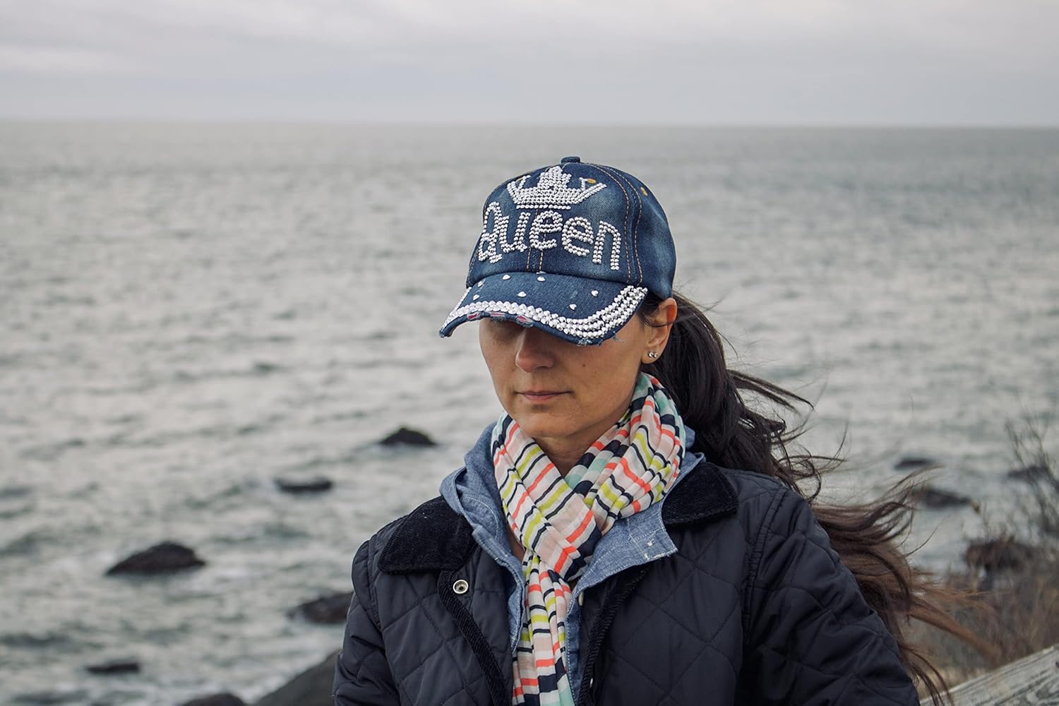 Popfizzy Bedazzled Hat for Women, Rhinestone Denim Hat, Fun Adult Bling Hats, Birthday Gifts for Women, Adjustable, One Size - Image 3