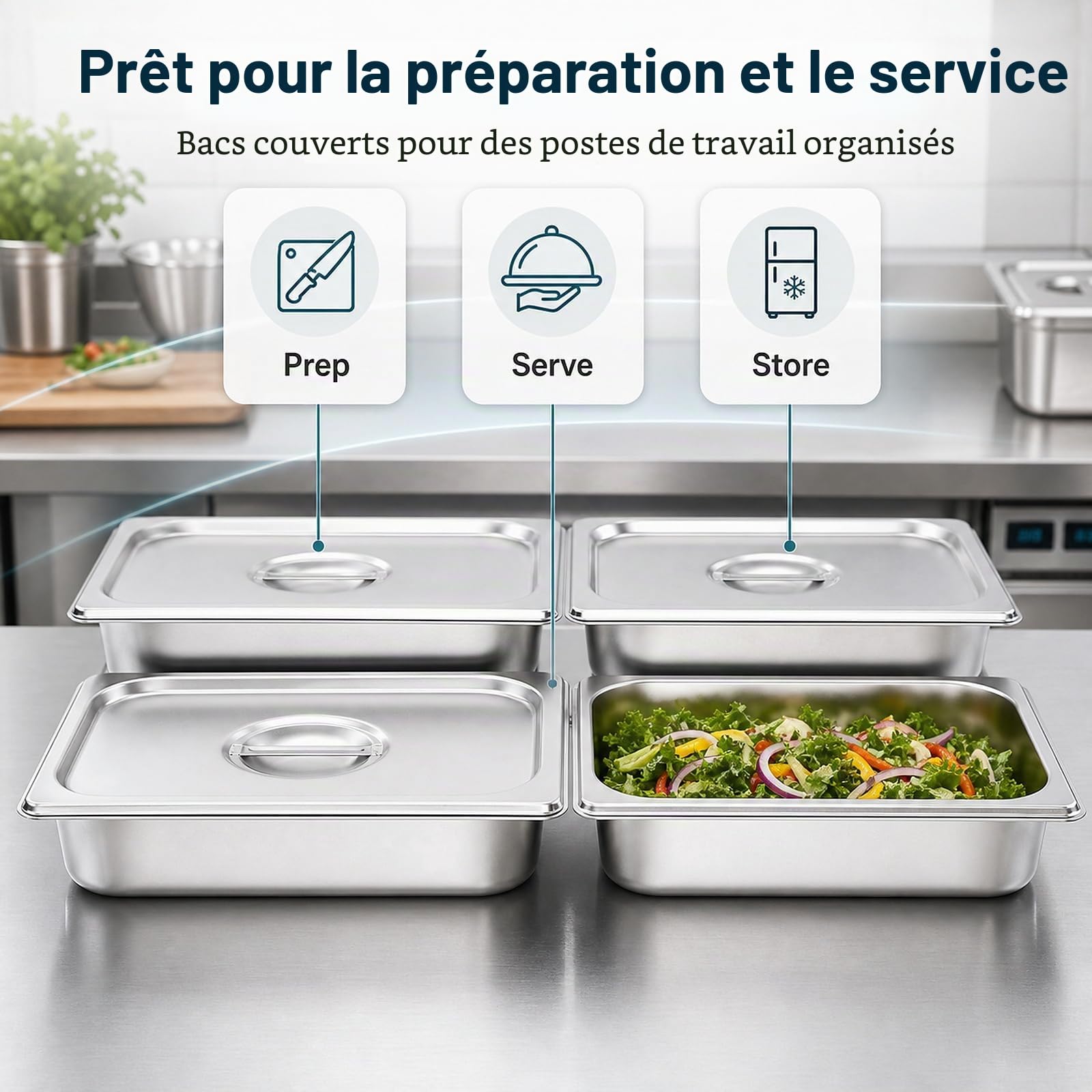 WOPPLXY Lot de 4 Plat Inox avec Couvercle, GN 1/3 Bac Inox avec Couvercle, 32,5 x 17,5 x 6,5 cm Bac Inoxs Alimentaire pour des Fours à Convection, des Bain-Maries, des Chafing Dishes