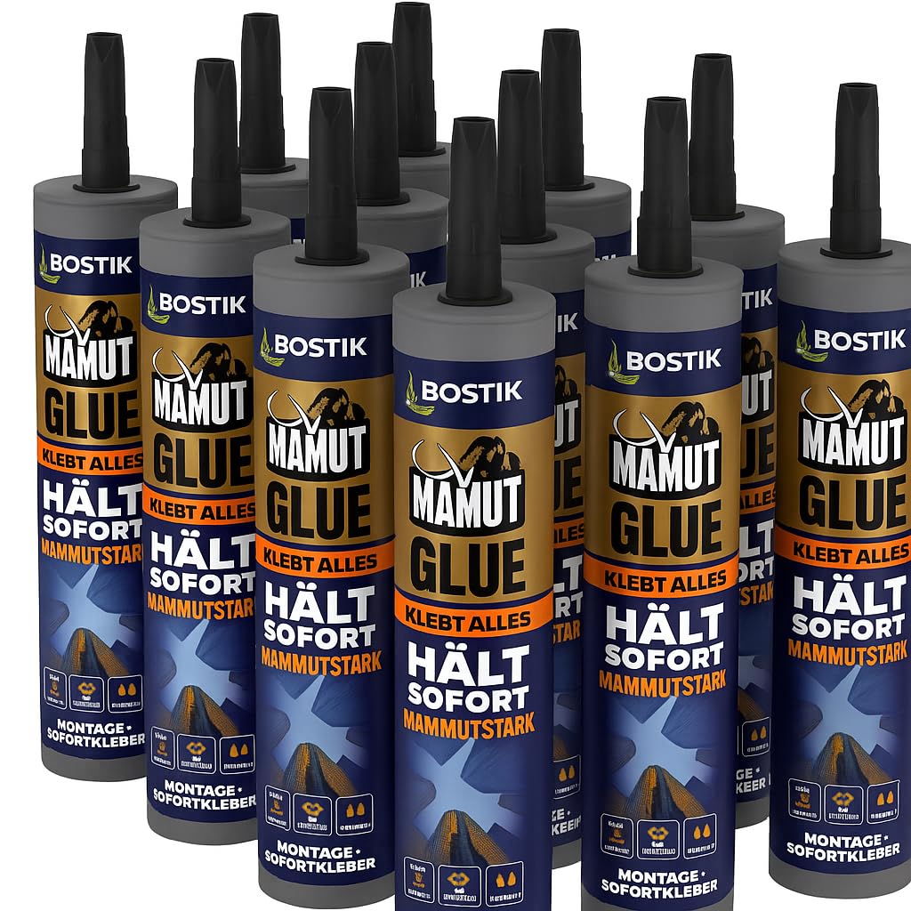 Bostik 12x MAMUT Glue Montagekleber, SMP Hybrid Technology, hält sofort, extrem belastbar, wasserfest, innen & außen, hohe Endfestigkeit, elastisch, für alle Materialien, Made in Germany