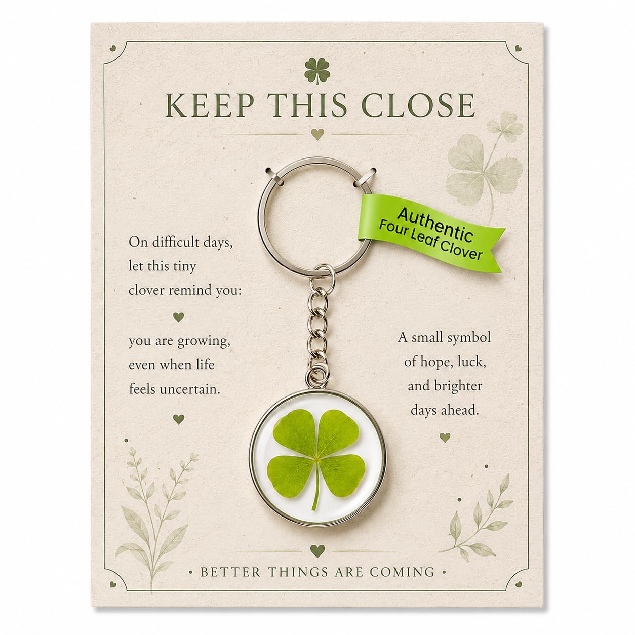 Real Four Leaf Clover Keychain with Inspirational Card - Lucky Charm Gift for Hope, Luck & Encouragement, Stainless Steel Keyring for Women Men, Unique Keepsake for Birthday, Graduation, Tough Days