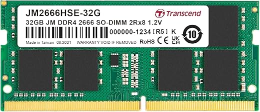 Transcend 32GB DDR4 2666 Laptop Memory, JetRam, DRAM Chips – up to 21GB/s – 1.2V, 260 pin, 2Rx8, CL19, DIMM Type – Unbuffered SO-DIMM Memory -…