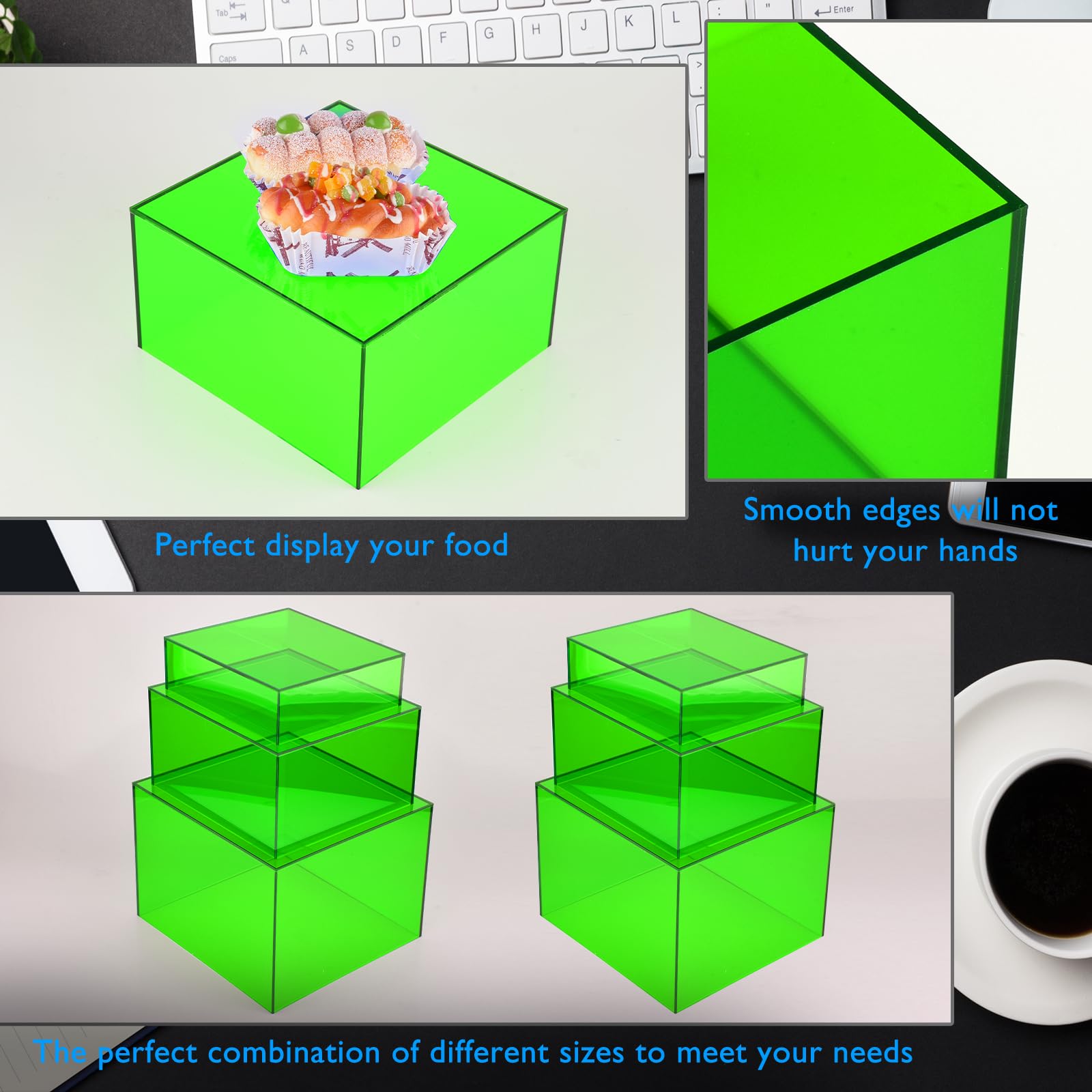 Elevadores de buffet verdes, 3 cajas de acrílico, elevadores de alimentos para mesa de buffet, elevador de exhibición para fiestas, bodas, catering, postres, coleccionables, figuras (6 x 7 x