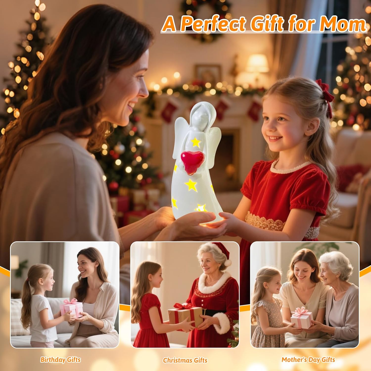 Guardian Angel Figurines with Light, Porcelain Angels Statue Decor with Painted Pink Heart 8 inch Healing Angel Statue, Ceramic Angel Memorial Gifts for Women Thanksgiving Christmas Home Decor - Image 7