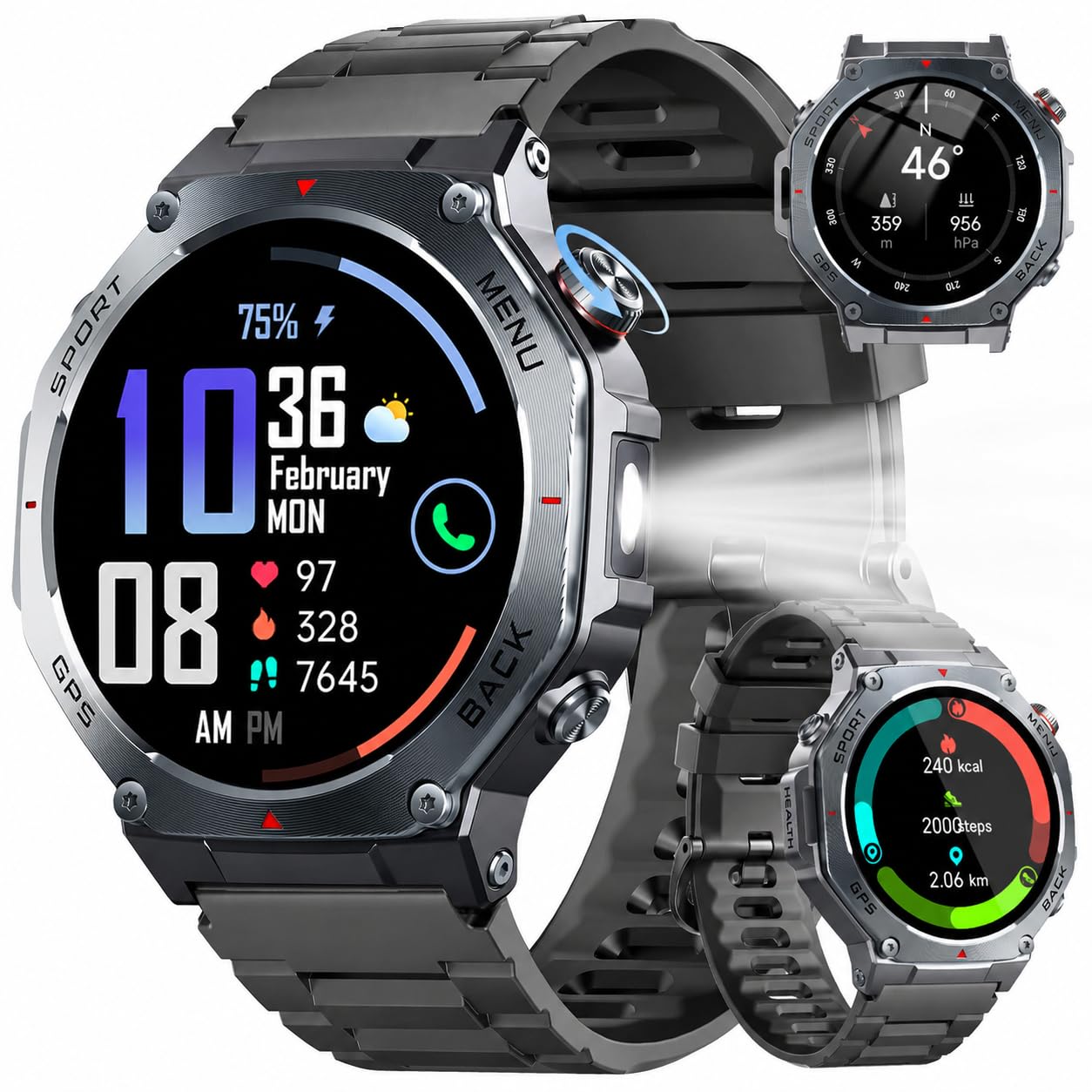 Montre Connectée Homme GPS, 1.43"AMOLED HD Smartwatch Appel Bluetooth, Montre Sport Fréquence Cardiaque Sommeil SpO2 Podometre, Smart Watch 5ATM Étanche, 160+Modes Compass Android IOS, Torche LED Noir