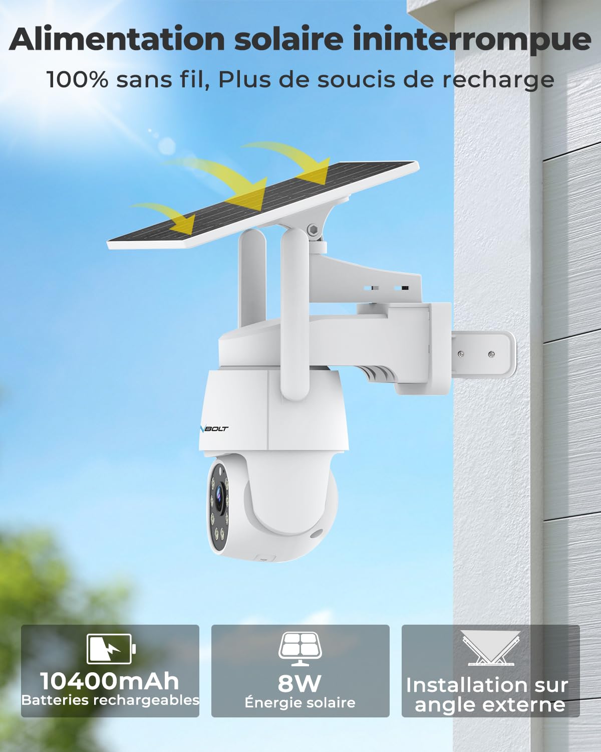 GENBOLT 2K AOV Caméra Surveillance WiFi Extérieure sans Fil Solaire | 24/7 Enregistrement, 360° PTZ, Détection IA 90FT, 2,4/5GHz, 8W 10400mAh, Suivi Auto, Nocturne Couleur, Audio Bidirectionnel
