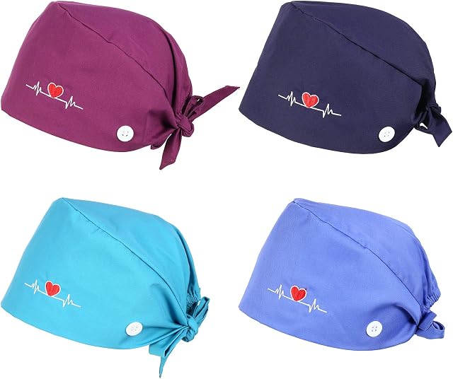 QINREN 4pcs Scrub Caps With Buttons, Adjustable Bouffant Turban Caps Working Caps Bouffant Hair Cover Cotton Printed Soft Caps Sweatband Hat Tie Back Caps With Sweatband for Women Men