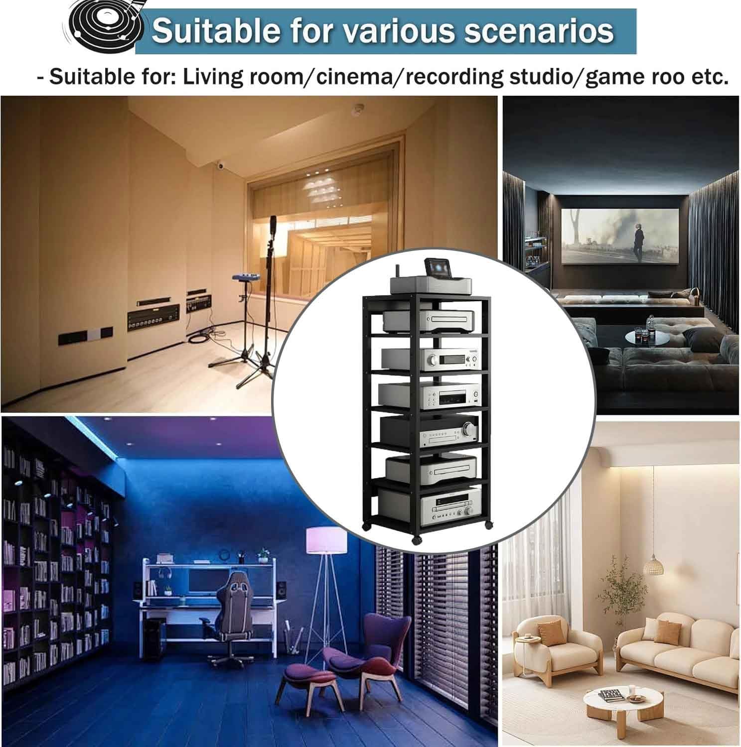 Mobile stereo hi fi rack hifi Av media stand a 7 livelli con ruote e supporto regolabile in altezza, armadio rack audio per soggiorno, sala teatro, ripiano rack amplificatore, centro intratte(Nero)