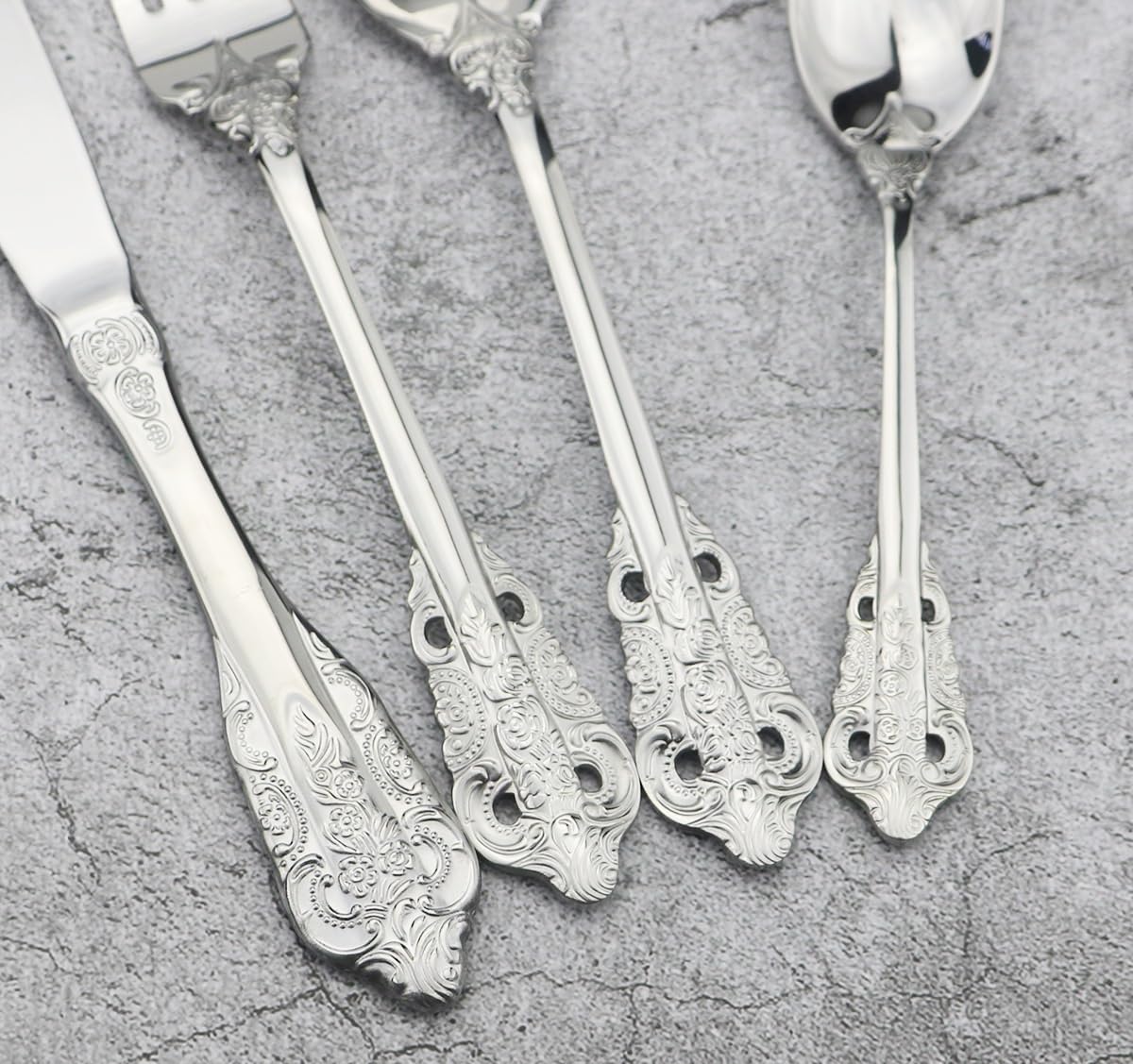 Juego De Cubiertos De Plata De Ley 925, 4/16/24/32/40/48 Piezas, Palace Tableware 304, Cubiertos De Plata Engrosada con Relieve, Juego De 10 Cubiertos De 40 Pi,Silver-4Set
