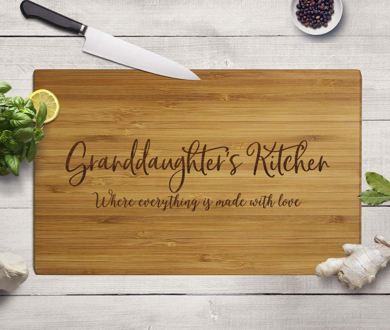 Andaz Press Large Bamboo Wood Cutting Board Gift, 17.75 x 11-inch, Granddaughter's Kitchen Where Everything is Made With Love, 1-Pack, Engraved Serving Chopping Board Chef Kitchen Ideas - Image 4