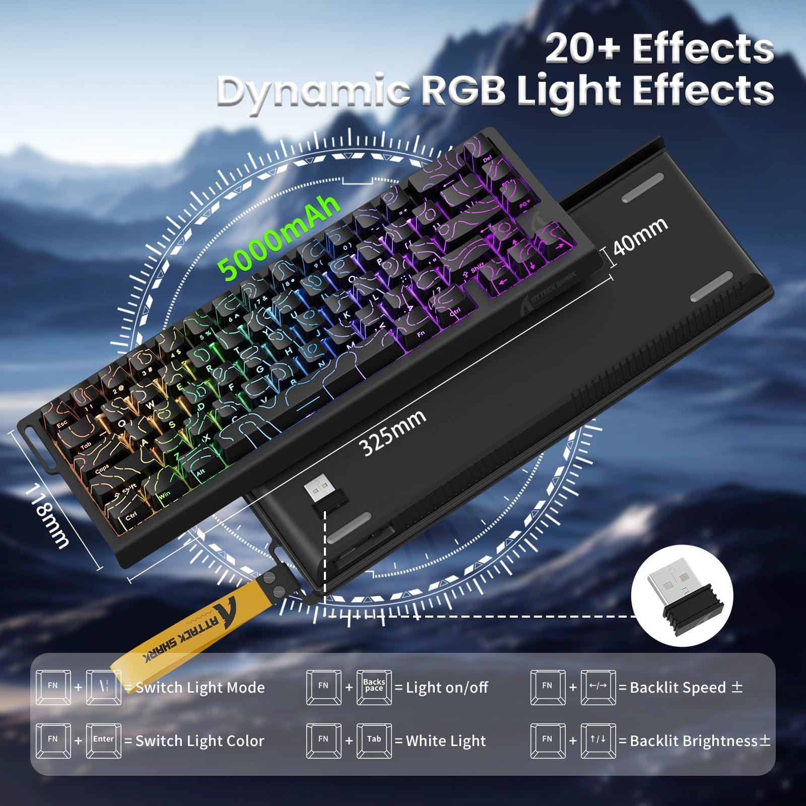 ATTACK SHARK X68PRO HE Clavier Gaming à Déclenchement Rapide sans Fil, Précision RT de 0,01 mm, Clavier Filaire à Effet Hall, 8000Hz, Actionnement Réglable, Snap Tap, RGB, C01 Câble – Noir