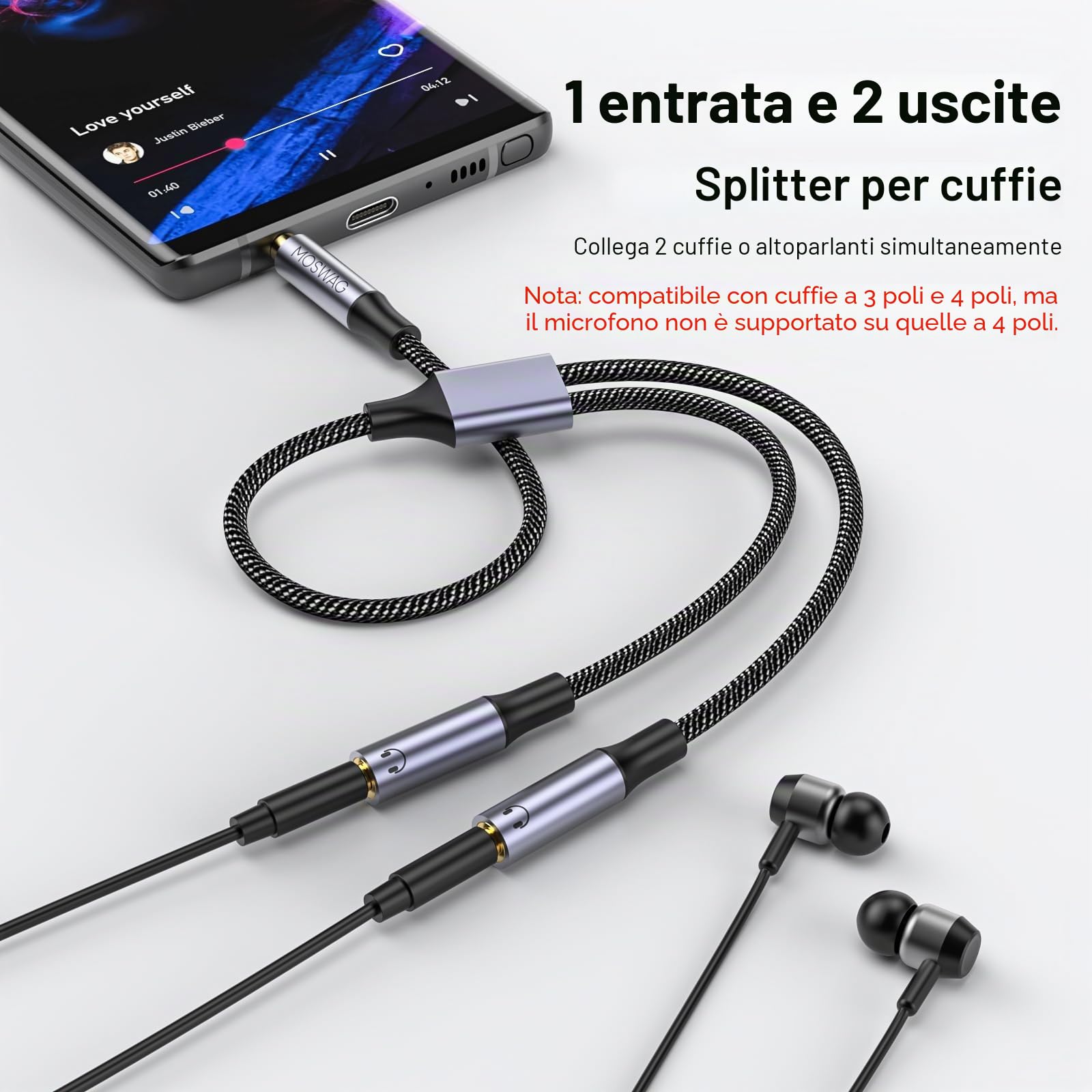 MOSWAG Sdoppiatore Audio Jack 3,5 per Cuffie Splitter Samsung iPhone PS4 Switch PC