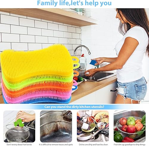 Miniatura 5 de Esponja de silicona para platos de cocina, 8 unidades, esponjas reutilizables para lavar platos, esponjas de silicona multiusos de doble cara para