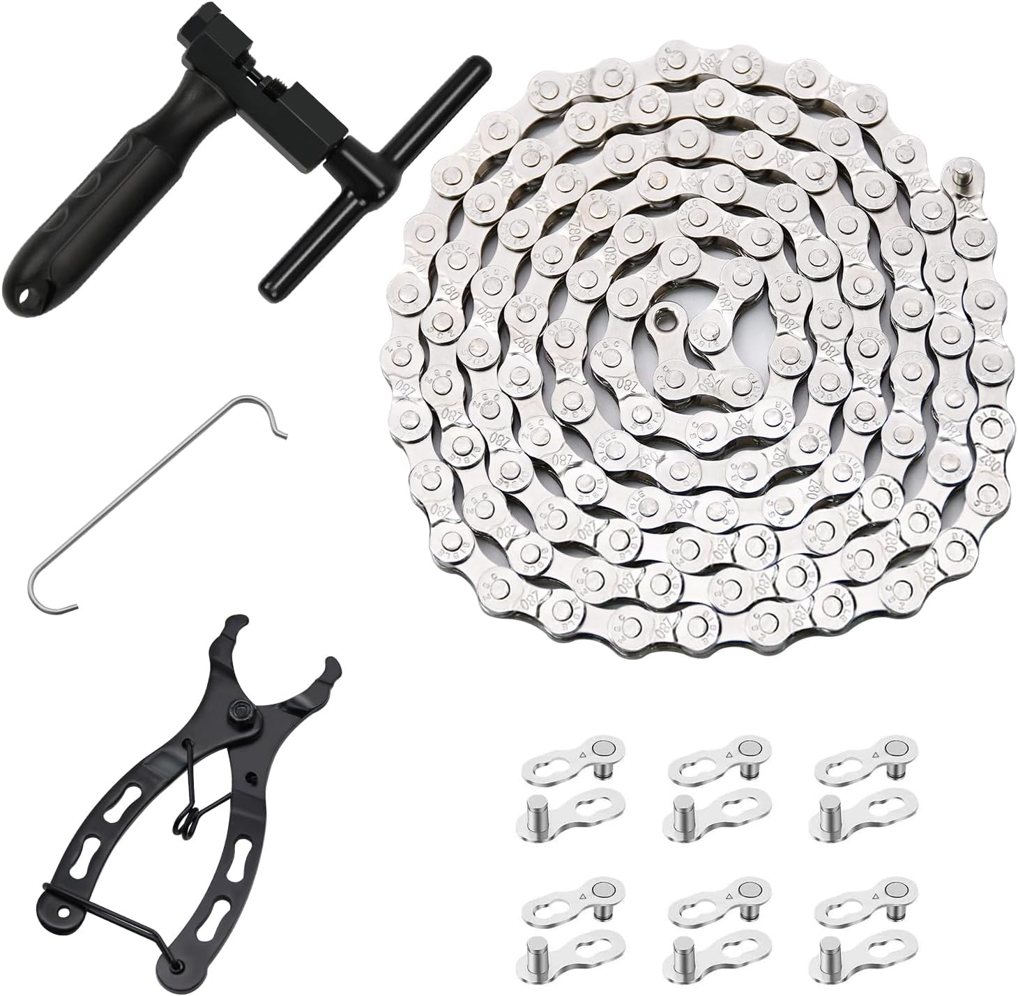 Bike Chain Kit, 6/7/8 Speed Multi-Function Bike Mechanic Repair Kit, Chain Breaker and Bike Link Plier with Hook and 6 Pairs Bicycle Buckle, Reusable