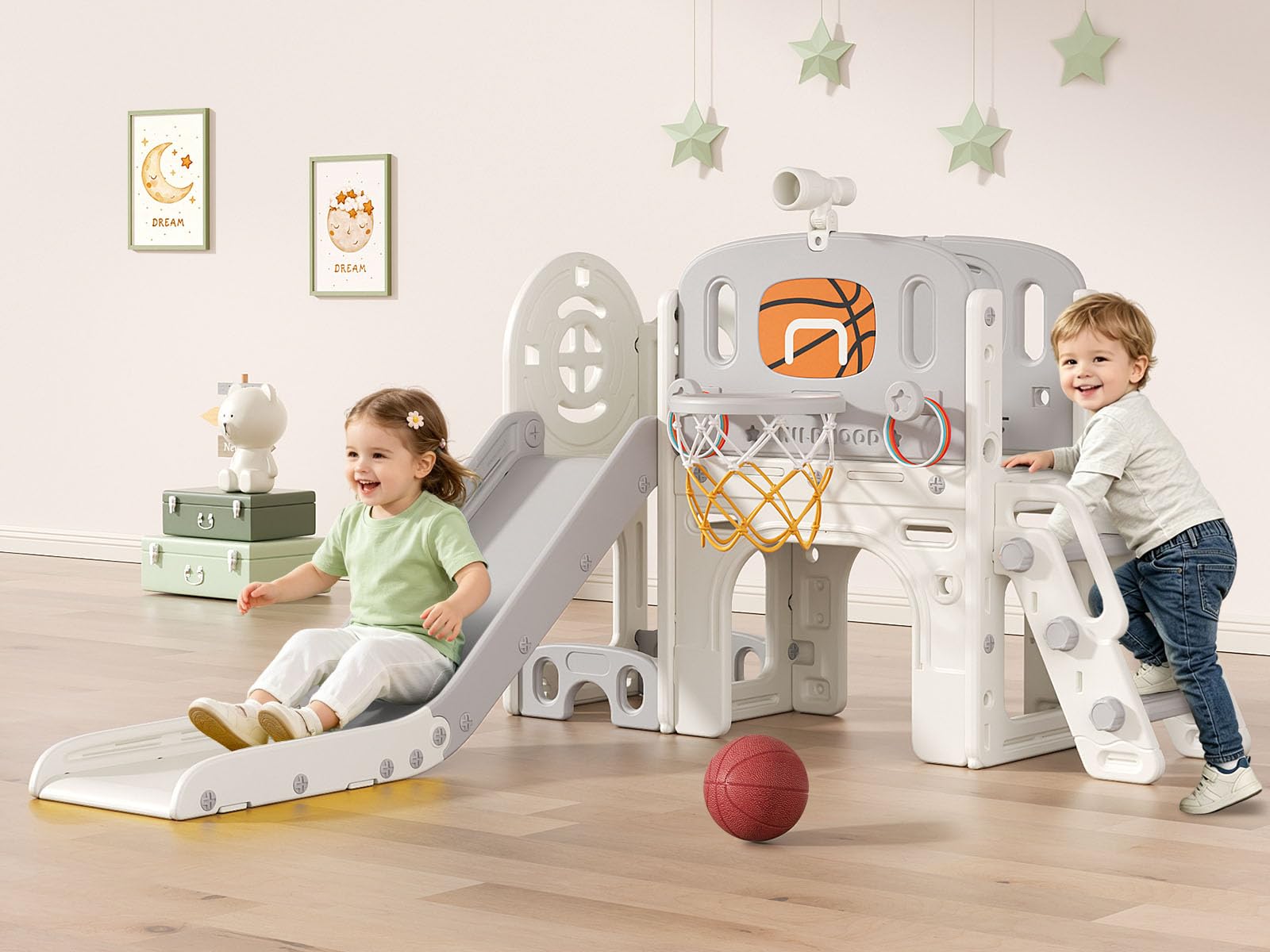 BIERUM 9-in-1 Toddler Slide Slide for Babies 1-3 Years with Basketball Hoop and Ring Set for Indoor and Outdoor Use Beige and Grey