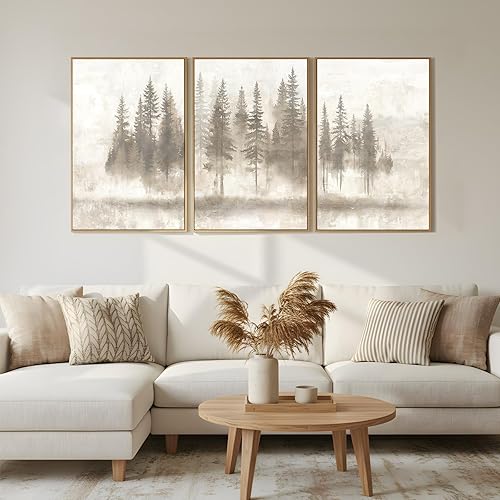 Zessonic Arte abstracto de pino para pared, bosque de pinos nórdicos, obra de arte neutra brumosa, impresiones en lienzo enmarcadas de Wabi Sabi,