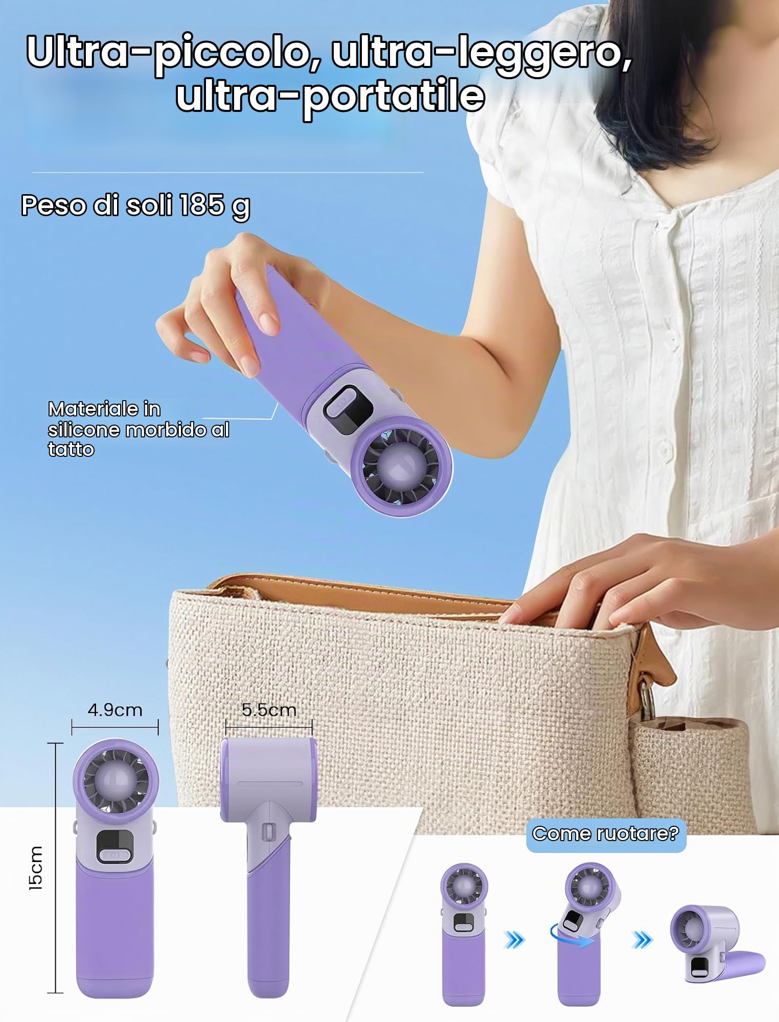 MERTTURM Mini Ventilatore Portatile Mano Potente[11H Standby], Ventilatore Turbo Batteria Ricaricabile da 3600mAh&5 Velocità Potenti, Display a LED, USB Piccolo Ventilatore Tascabile-Viola