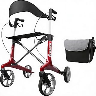 Carbon Rollator Faltbar und Leicht mit Sitz, Rollator Schmal für Wohnung, Faltbarer Rollatoren für ältere Menschen mit Einem Gewicht von 5,9 kg, Griff Verstellbare Höhe 78-98 cm (Rot)