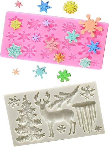 Miniatura 1 de Tvoip Molde de silicona con temática navideña, alce, copo de nieve, árbol, ciervo, fondant, postre, cubo de hielo, caramelo, chocolate, 2 uds