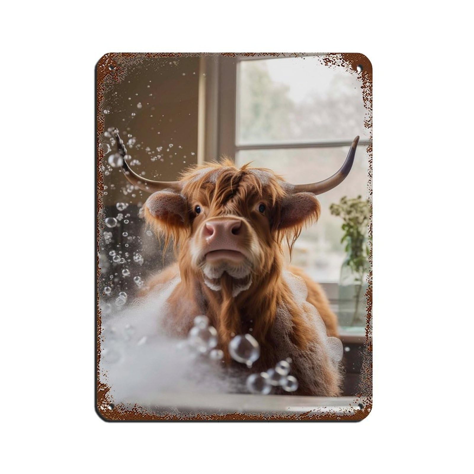 Highland Cow Taking A Bath Retro Poster Metal Tin Sign Chic Art Retro Iron Painting Bar People Cave Cafe Family Garage Poster Wall Decoration 12x16inch(30x40cm)