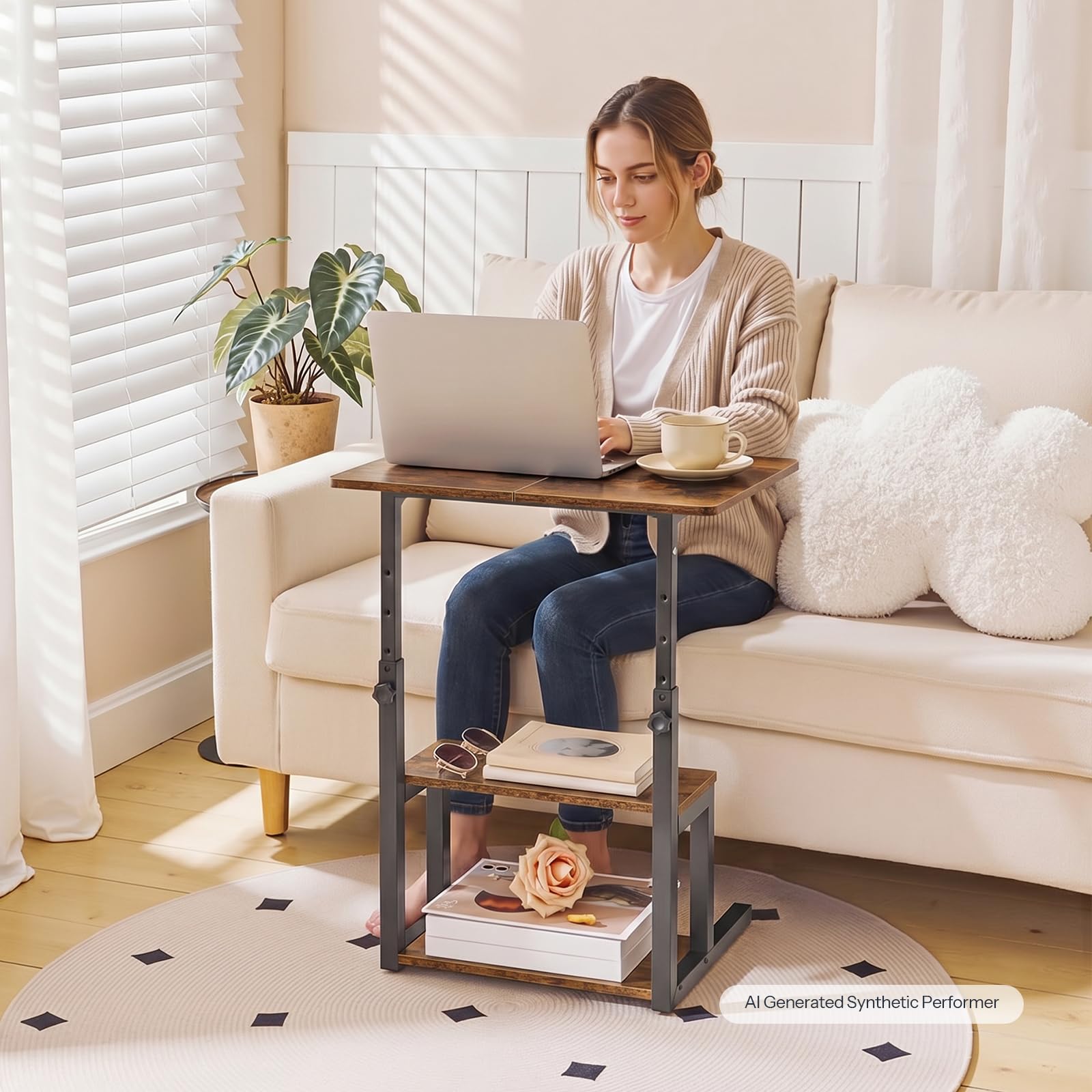 HOOBRO Table d’Appoint en C, Hauteur Réglable de 50 à 75 cm, Table Basse avec 3 Étagères, Plateau Supérieur 52 x 38 cm, pour Canapé, Lit, Bureau, Chambre, Salon, Marron Rustique et Noir EBF81SF01