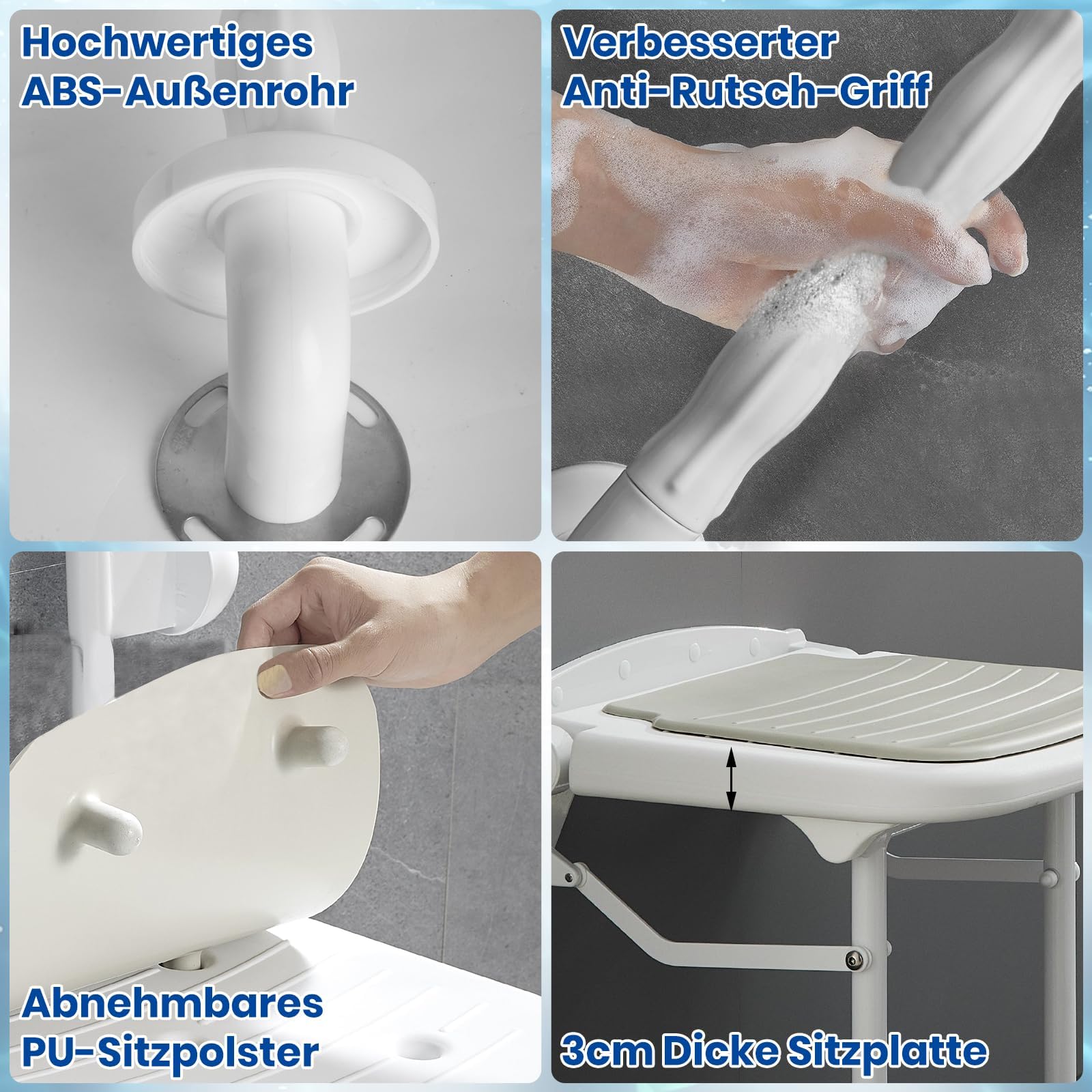 Asiento plegable de ducha para montaje en pared con reposabrazos, asiento de ducha plegable montaje en pared, para personas mayores, silla de ducha silla de baño