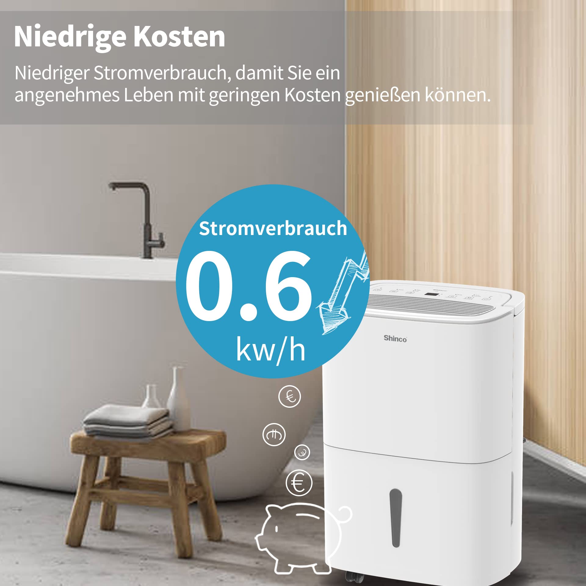 Shinco WIFI Deumidificatore Portatile 30L/Giorno, Purificatore d'aria, Filtro a Carbone Attivo, Timer 24 Ore, Scarico Continuo, Funzione Asciugatrice, Bianco