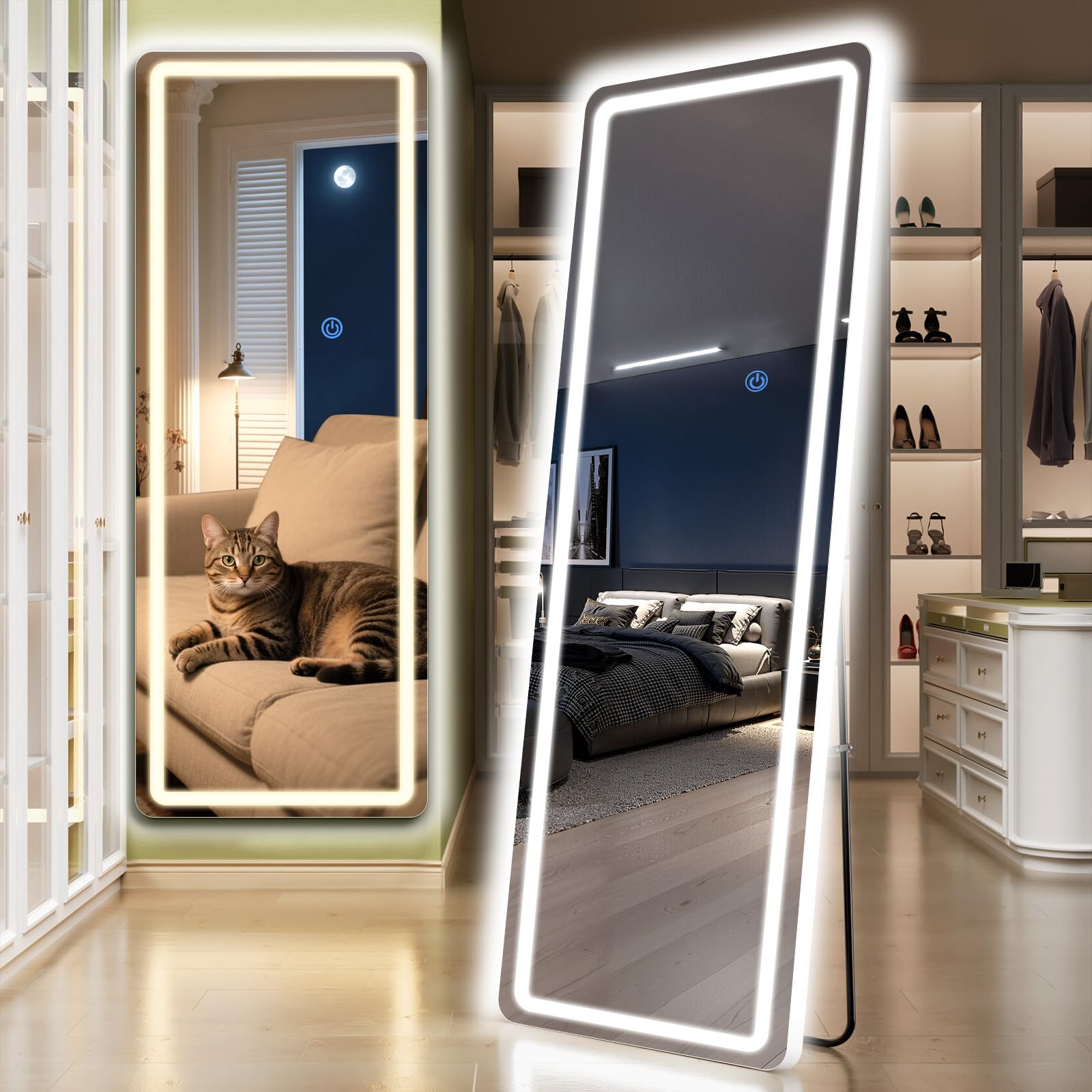 InfiniGlass Standing Mirror Full Length with LED Lights, 68"x26" Lighted Mirror with Dimming & 3 Color Lighting, Tall Mirror Full Body for Bedroom,