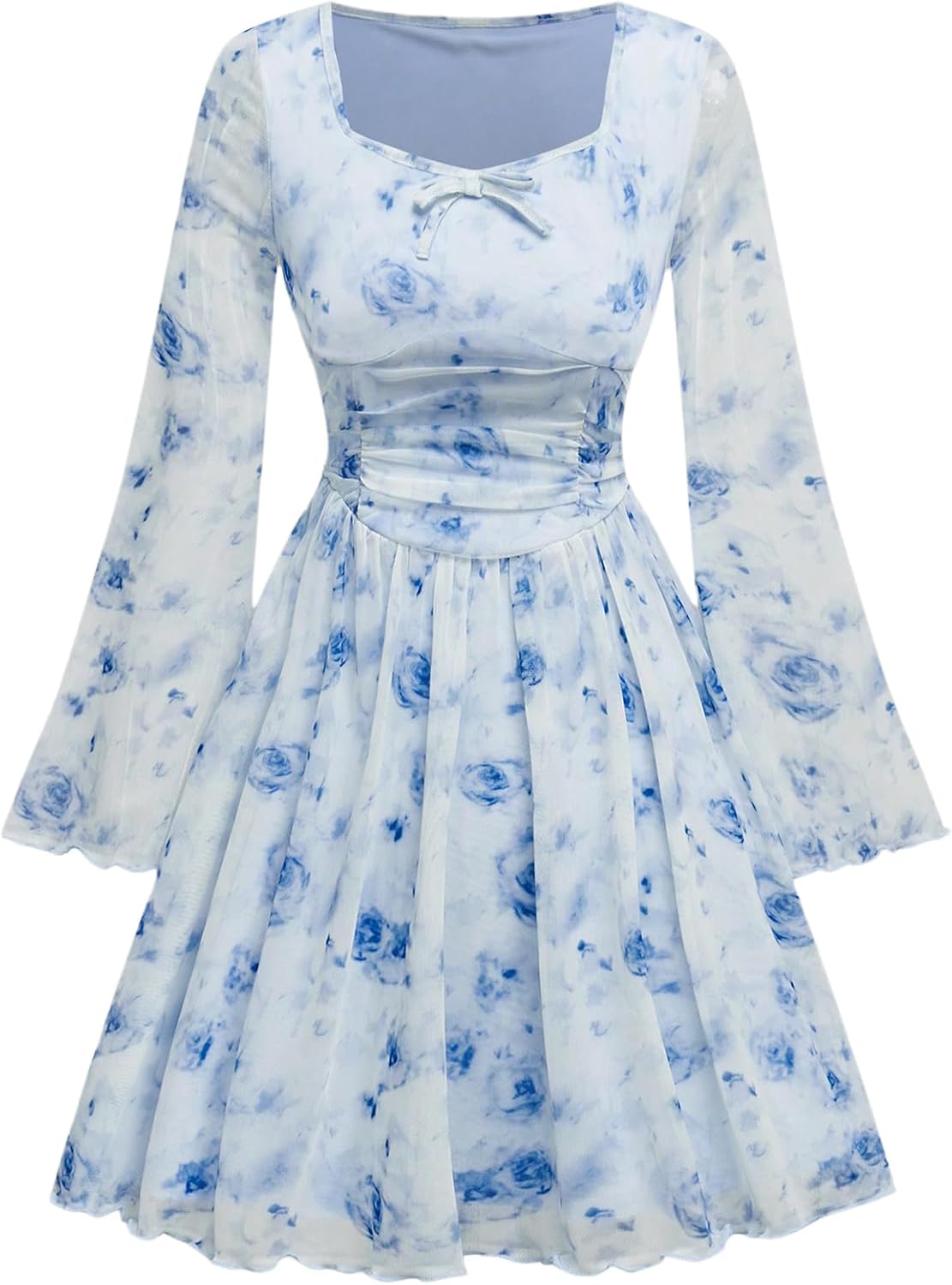 Verdusa Girl's Floral Mesh Boho Dresses Long Sleeve Ruched A Line Flowy Dress Spring Clothes Festival Outfits